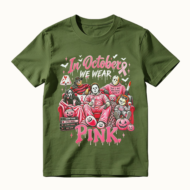 In October We Wear Pink Horror Movie Characters Print Breast Cancer Awareness Graphic T-Shirt