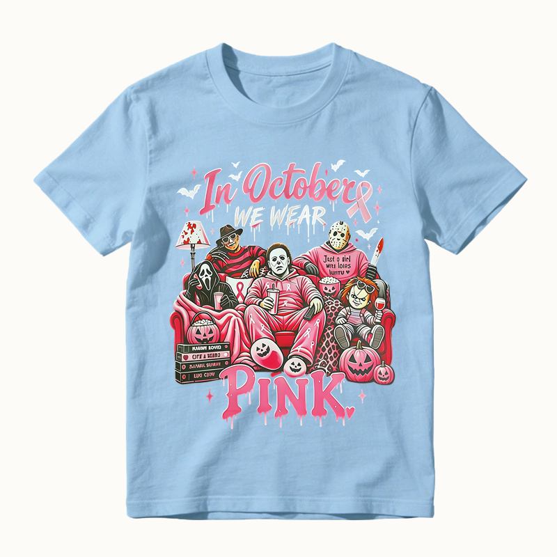 In October We Wear Pink Horror Movie Characters Print Breast Cancer Awareness Graphic T-Shirt