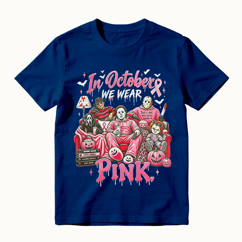 In October We Wear Pink Horror Movie Characters Print Breast Cancer Awareness Graphic T-Shirt