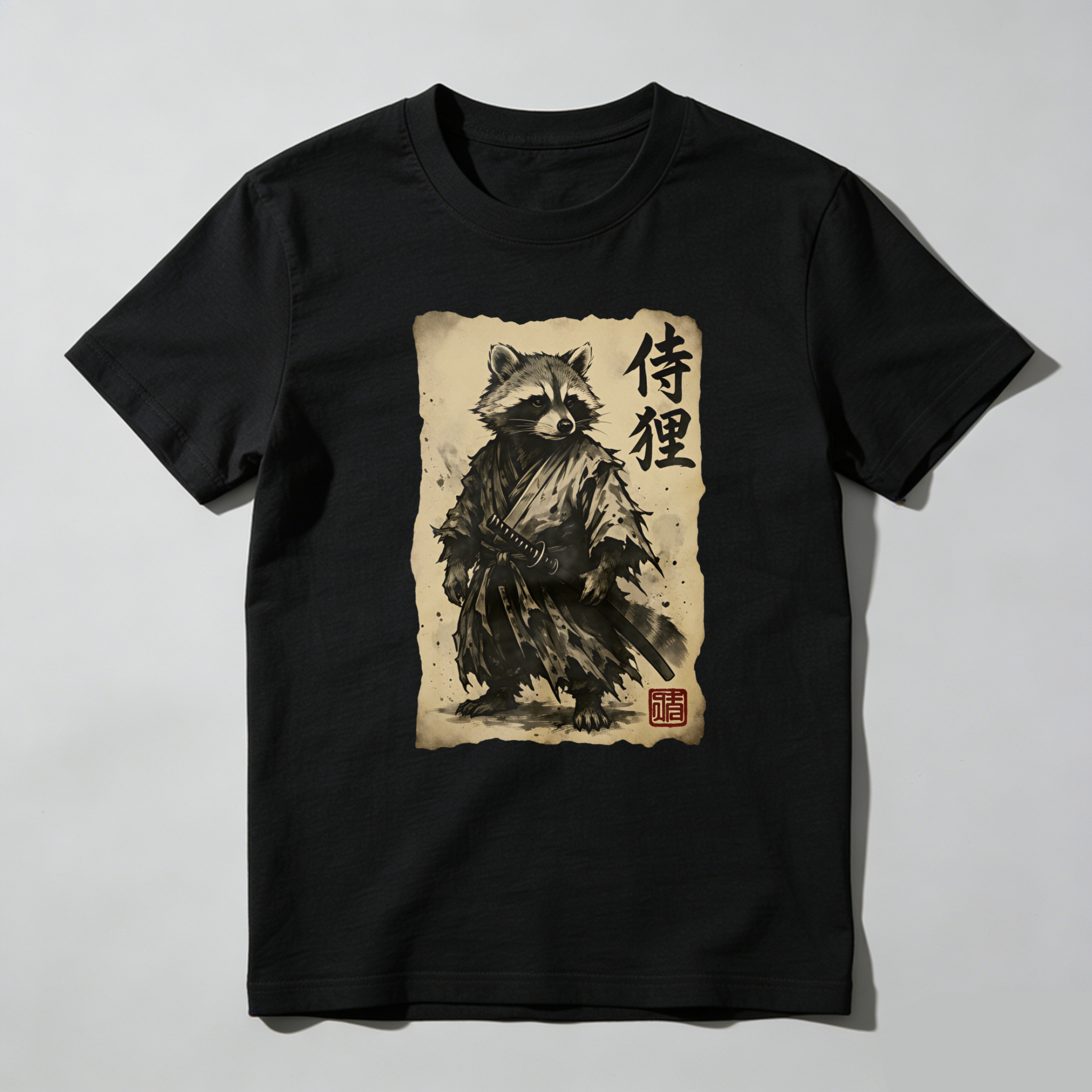 Raccoon Samurai With Sword And Scroll tshirt 100% cotton