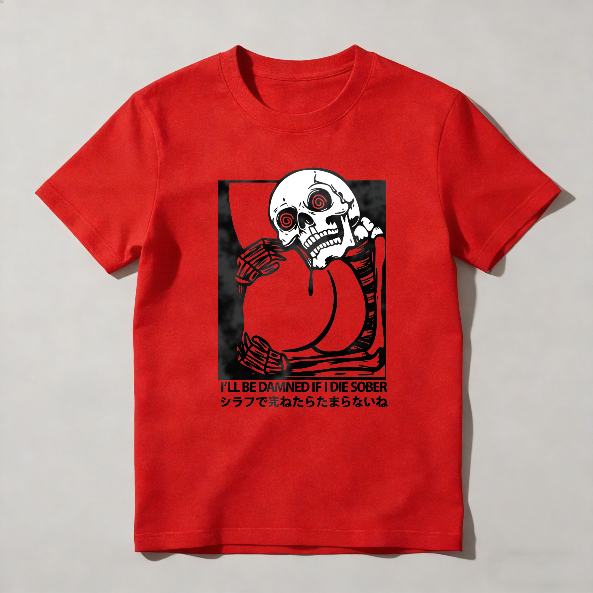 Skeleton Holding Glass With Red Eyes tshirt 100% cotton
