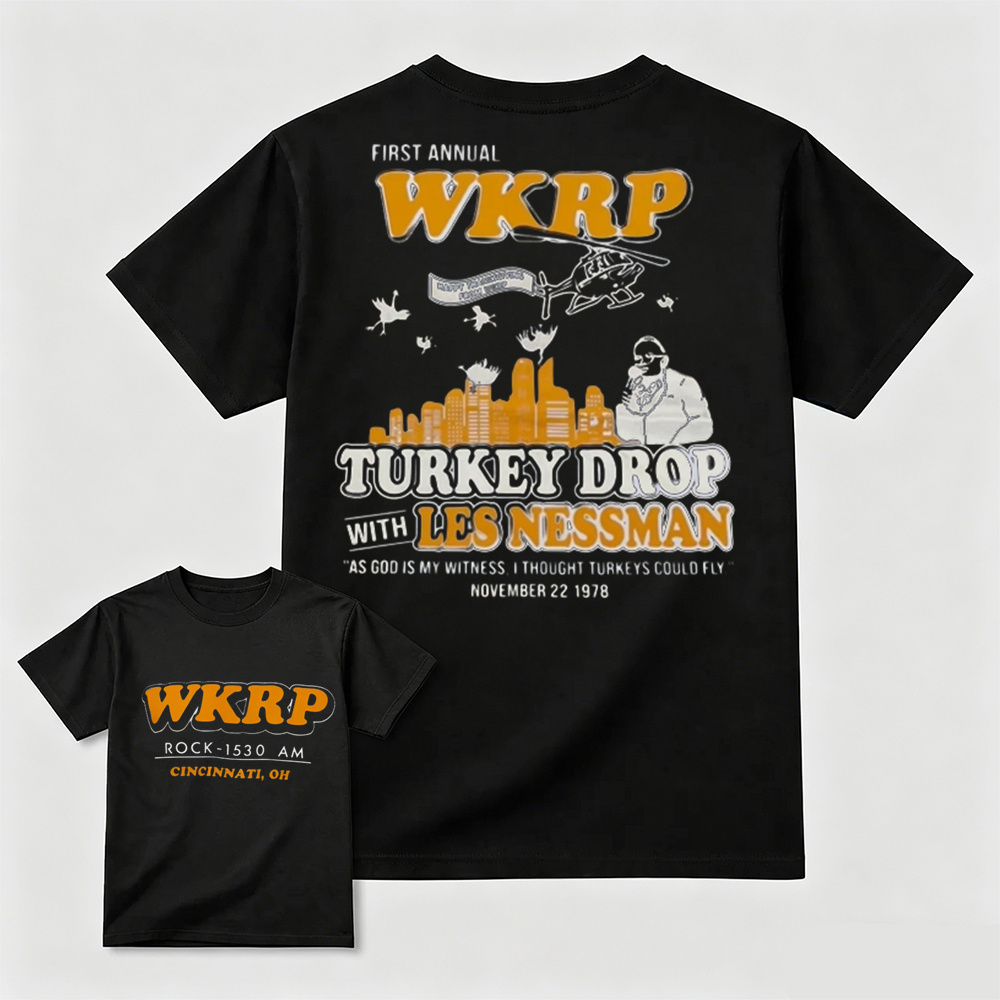 WKRP First Annual Turkey Drop With Les Nessman Thanksgiving Graphic T-Shirt