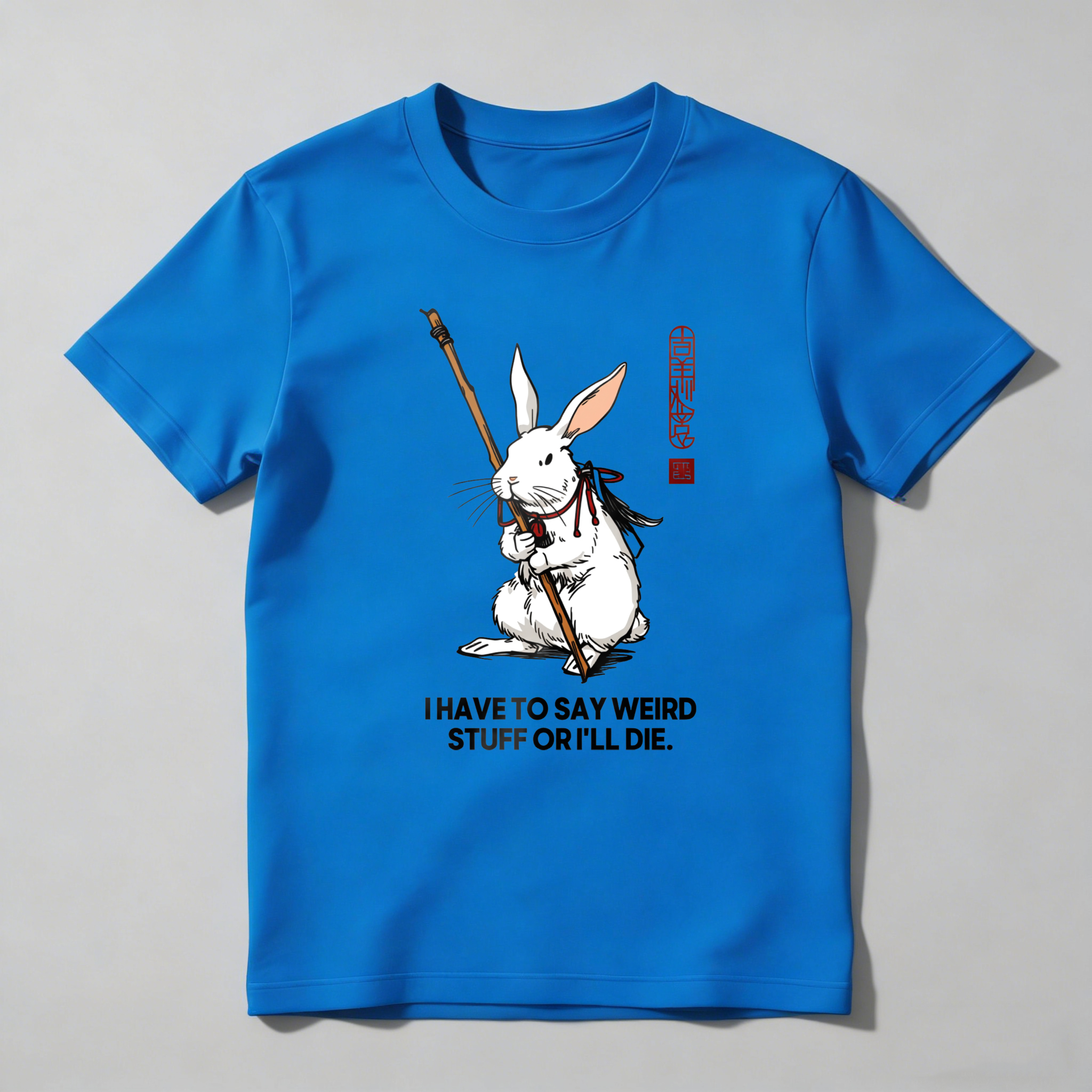 White Rabbit Holding Staff With Text tshirt 100% cotton