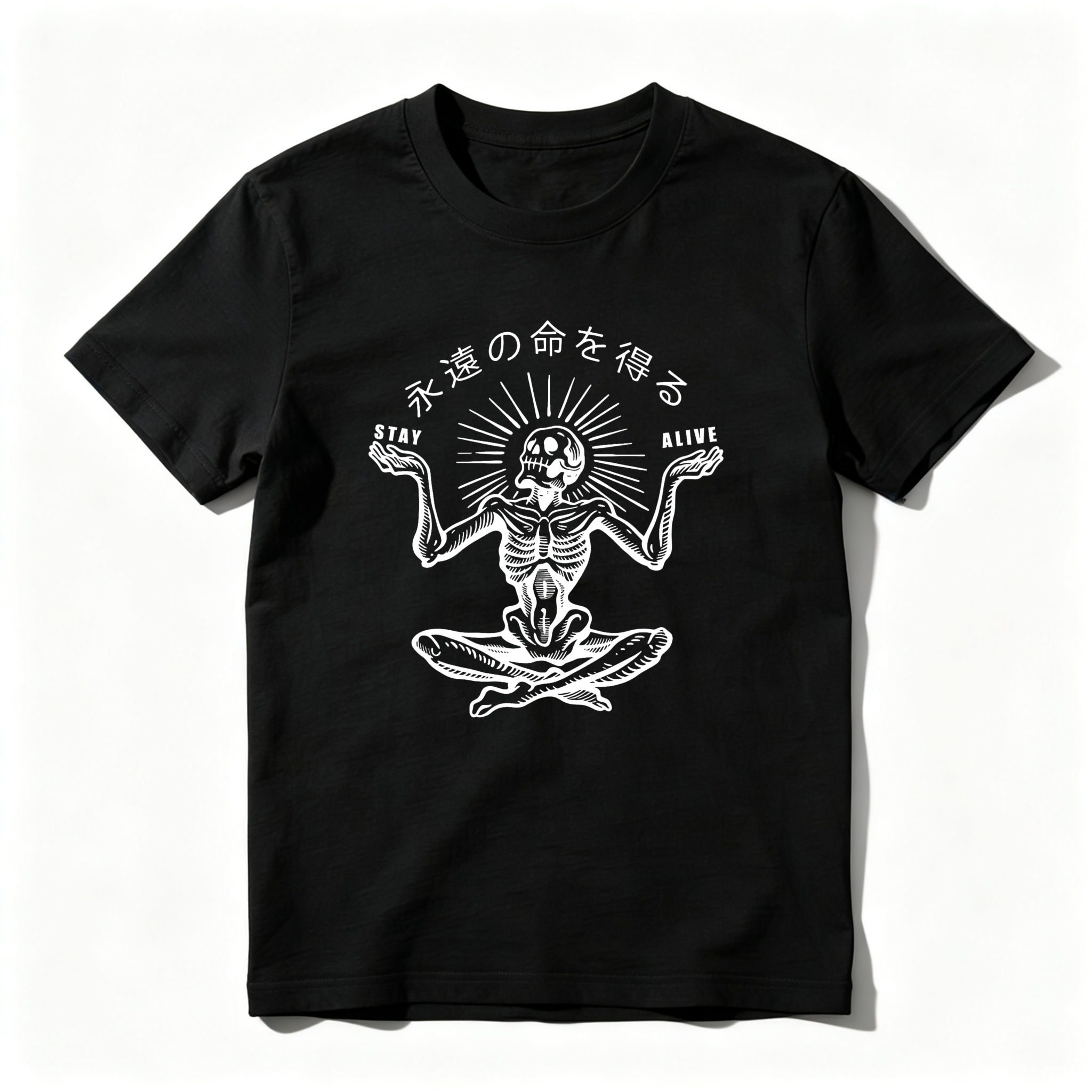 Skeleton Meditating With Sunburst And Text tshirt 100% cotton