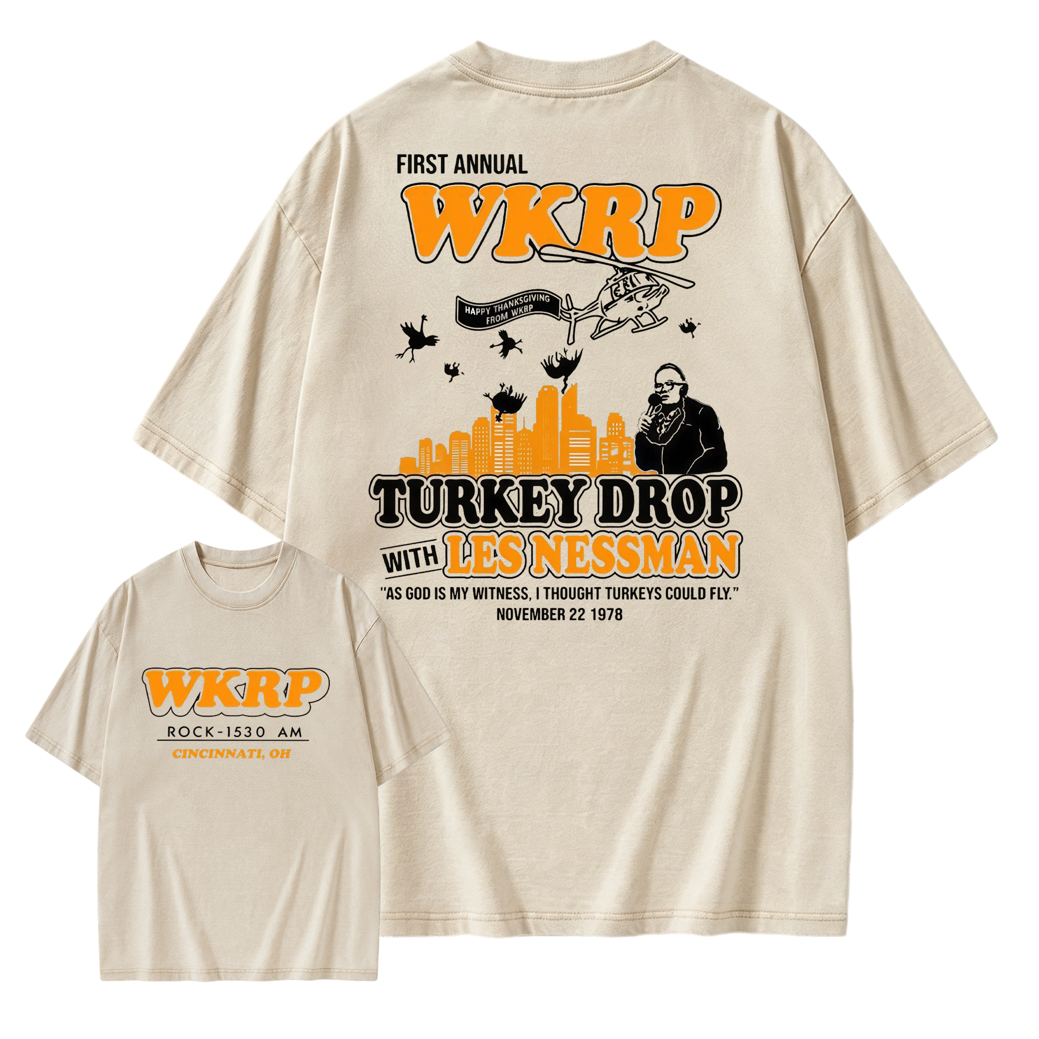 WKRP Turkey Drop T-Shirt, Les Nessman Thanksgiving Graphic Washed T-shirt