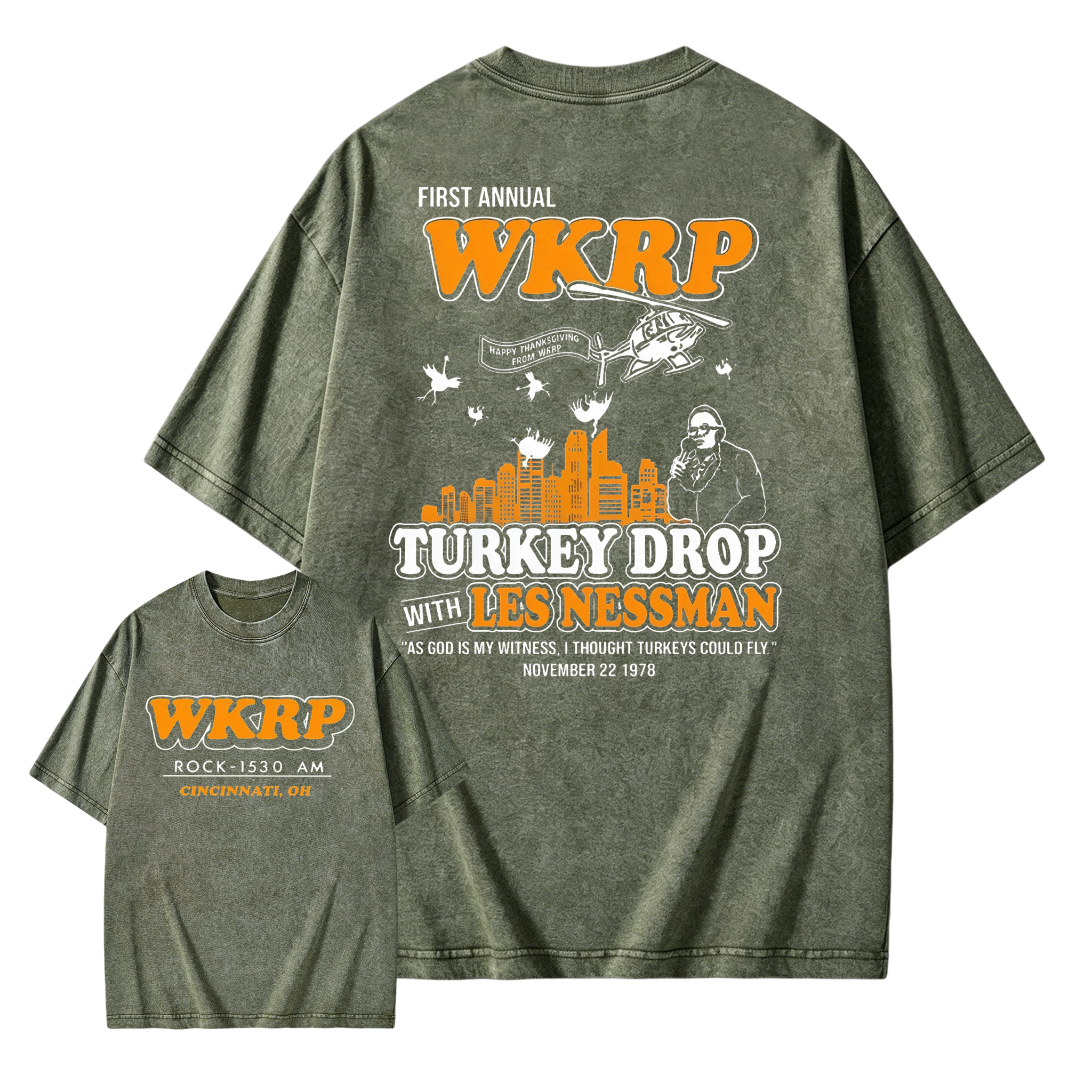 WKRP Turkey Drop T-Shirt, Les Nessman Thanksgiving Graphic Washed T-shirt