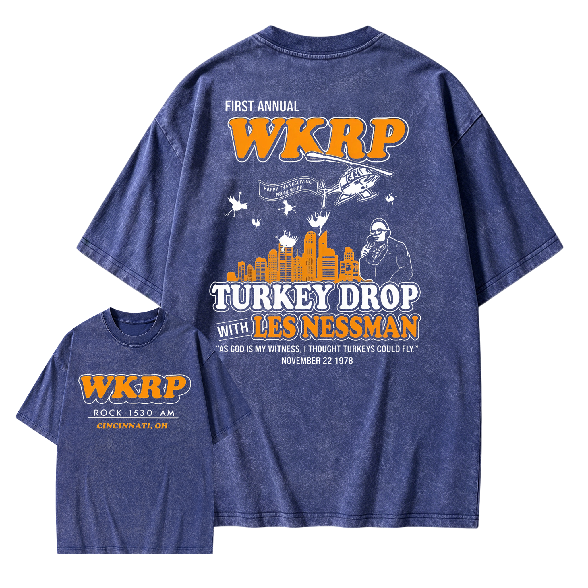 WKRP Turkey Drop T-Shirt, Les Nessman Thanksgiving Graphic Washed T-shirt