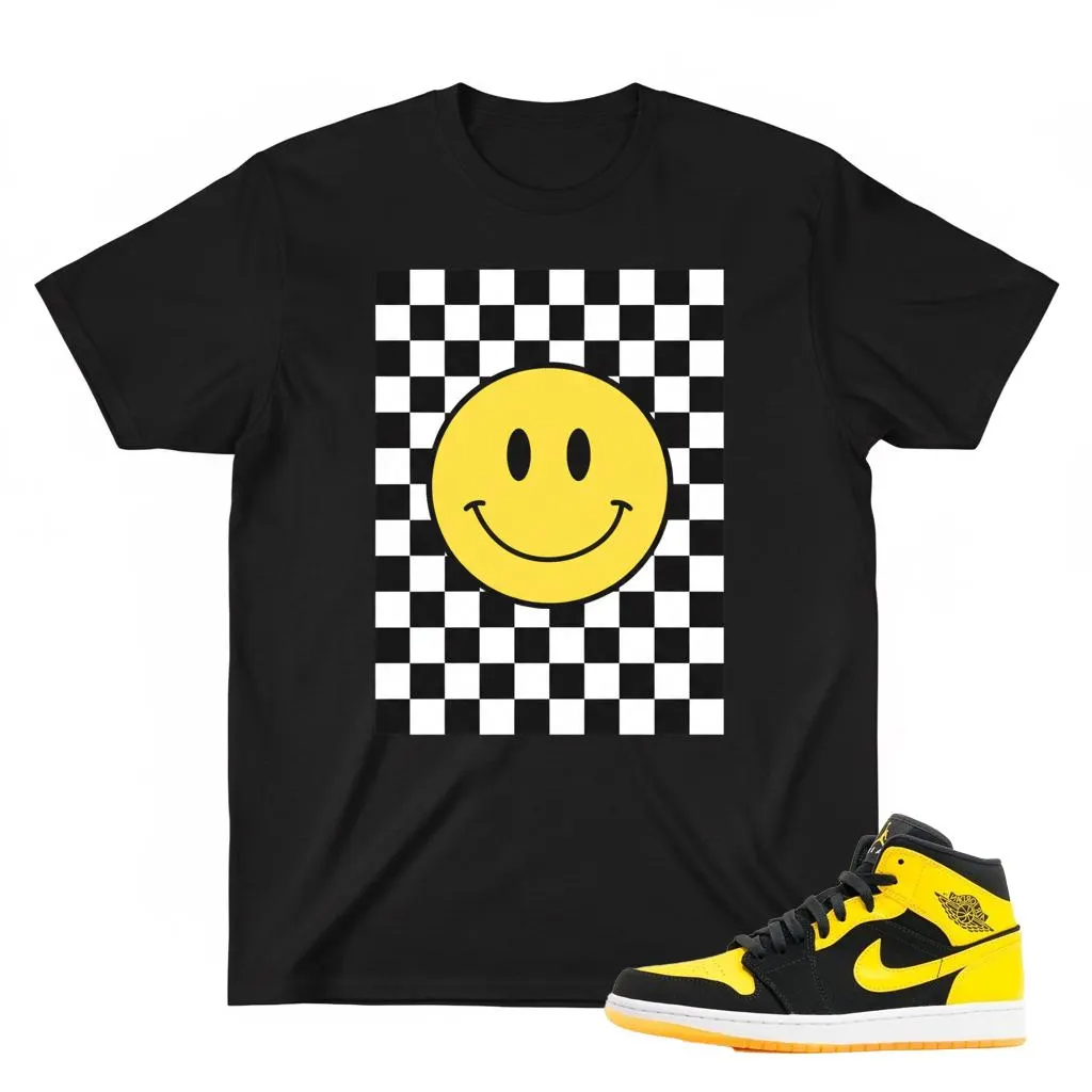 Retro Smiley Face T-Shirt – Checkerboard Sneaker Match Tee