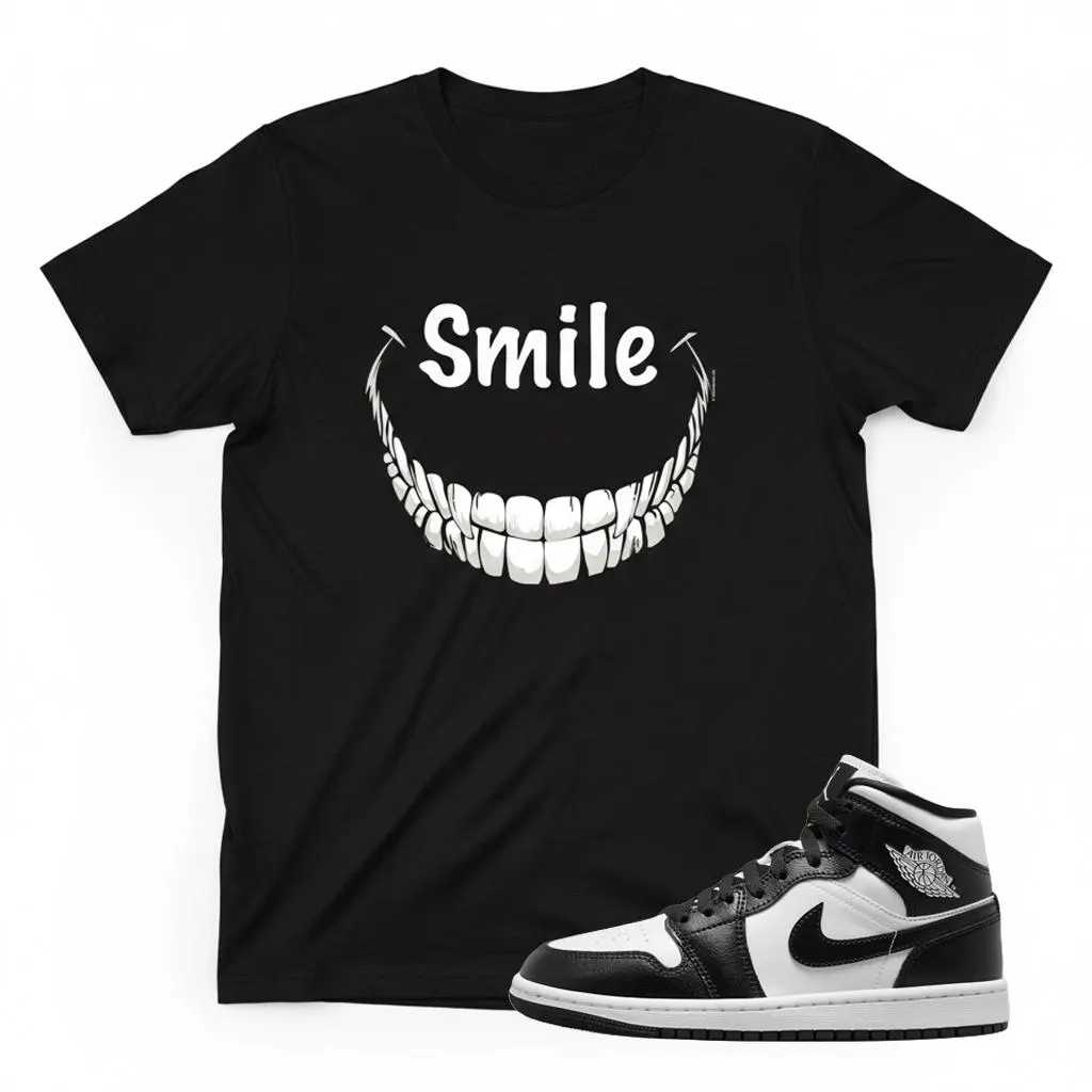 AJ 1 Black White Sneaker Match T-Shirt Smile Teeth Graphic Streetwear Tee