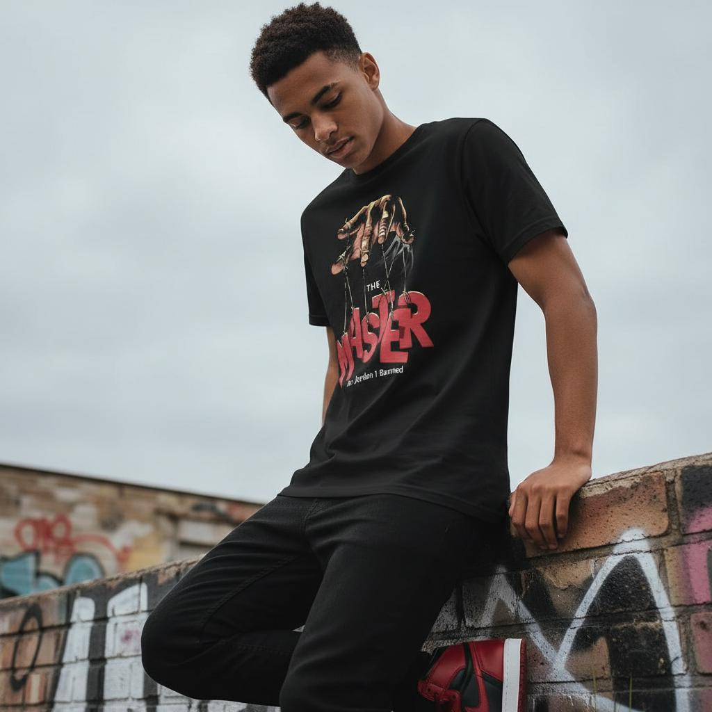 AJ 1 Bred Sneaker Match T-Shirt “The Master” Puppet Hand Streetwear Tee