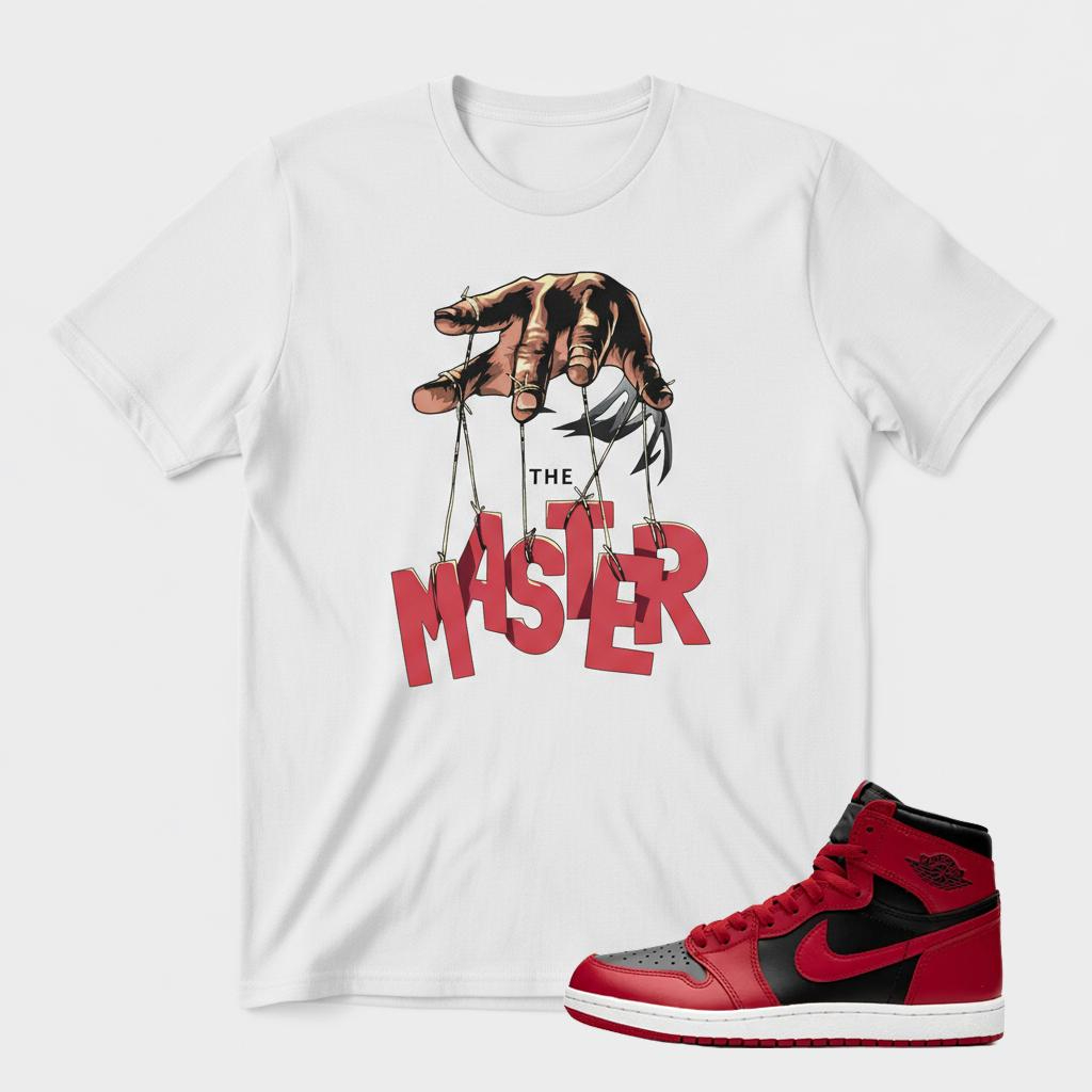 AJ 1 Bred Sneaker Match T-Shirt “The Master” Puppet Hand Streetwear Tee