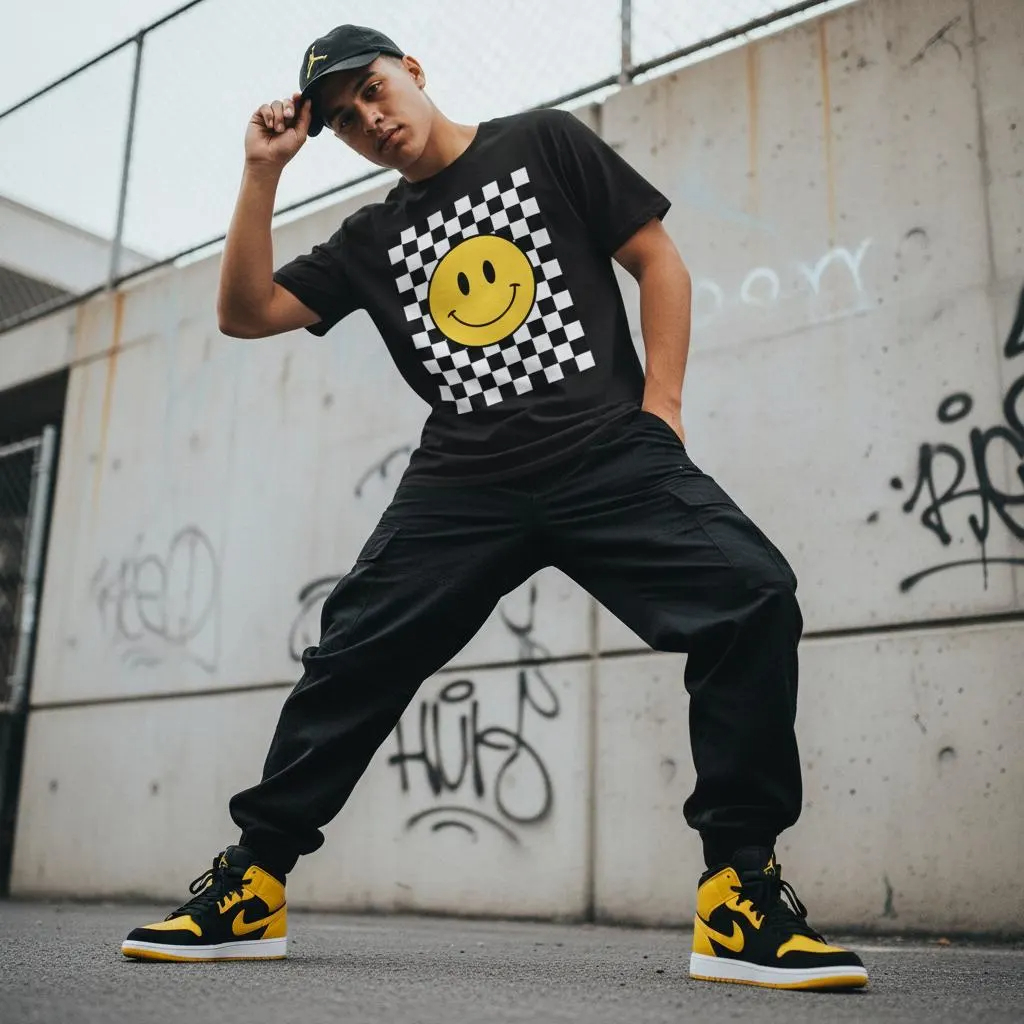 Retro Smiley Face T-Shirt – Checkerboard Sneaker Match Tee