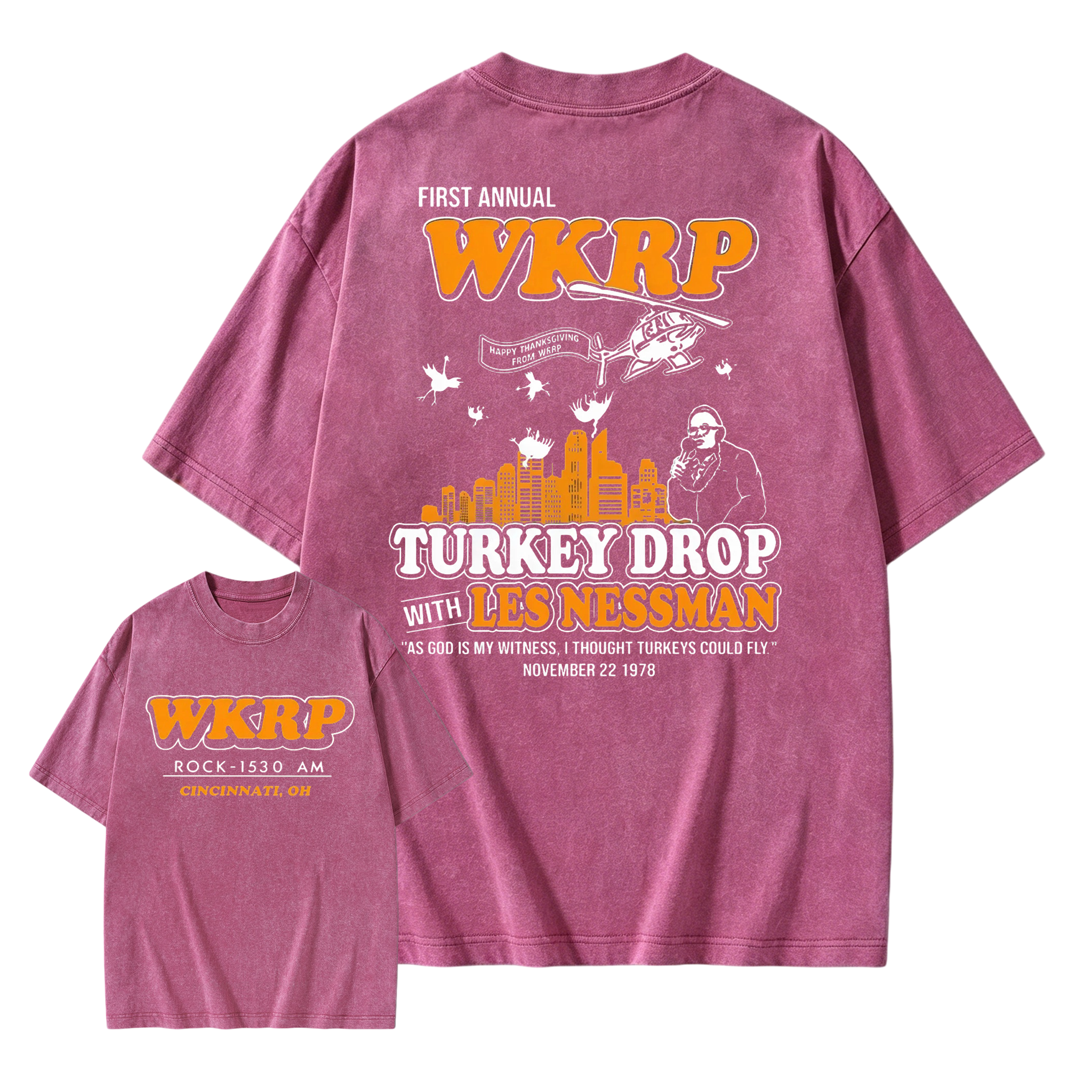 WKRP Turkey Drop T-Shirt, Les Nessman Thanksgiving Graphic Washed T-shirt