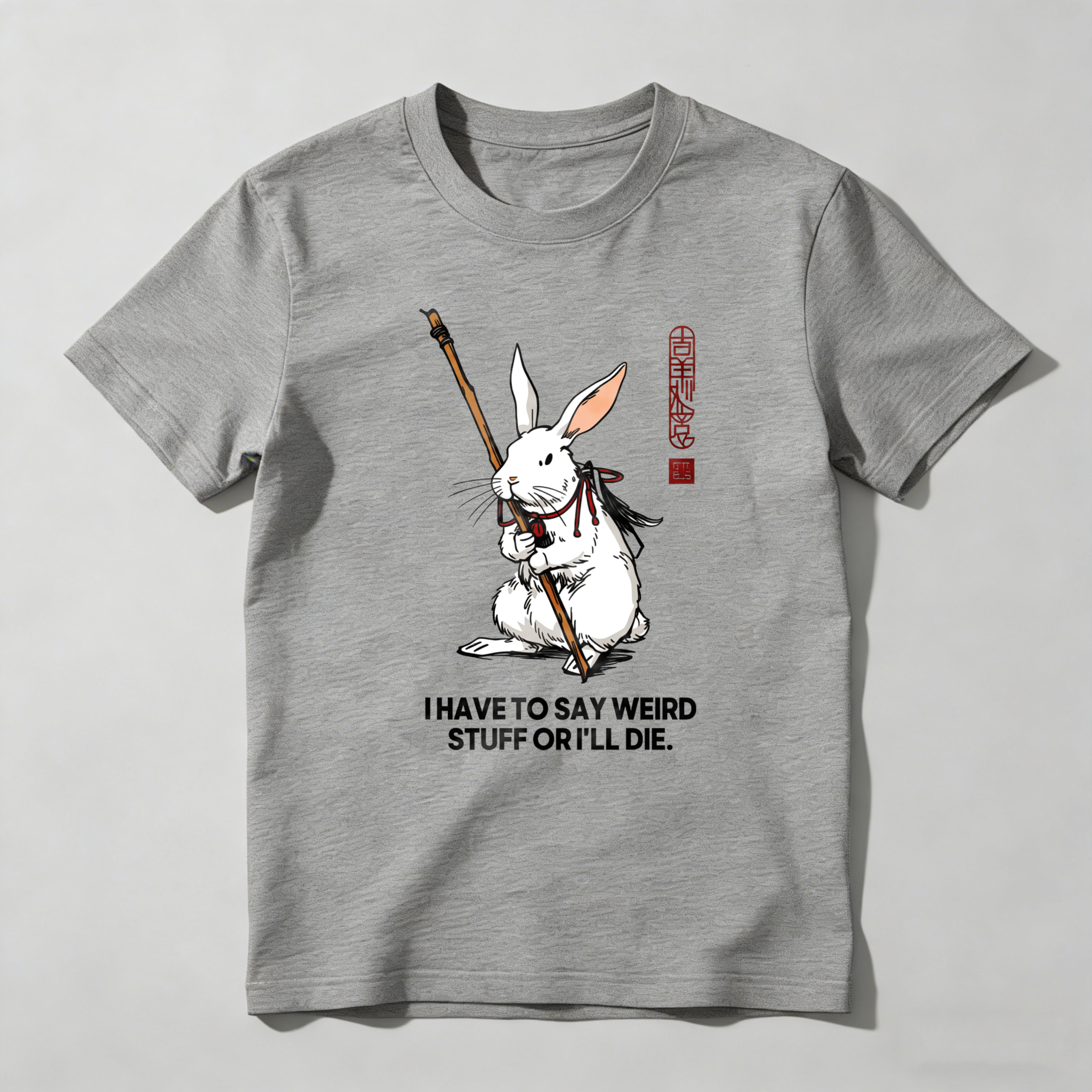 White Rabbit Holding Staff With Text tshirt 100% cotton