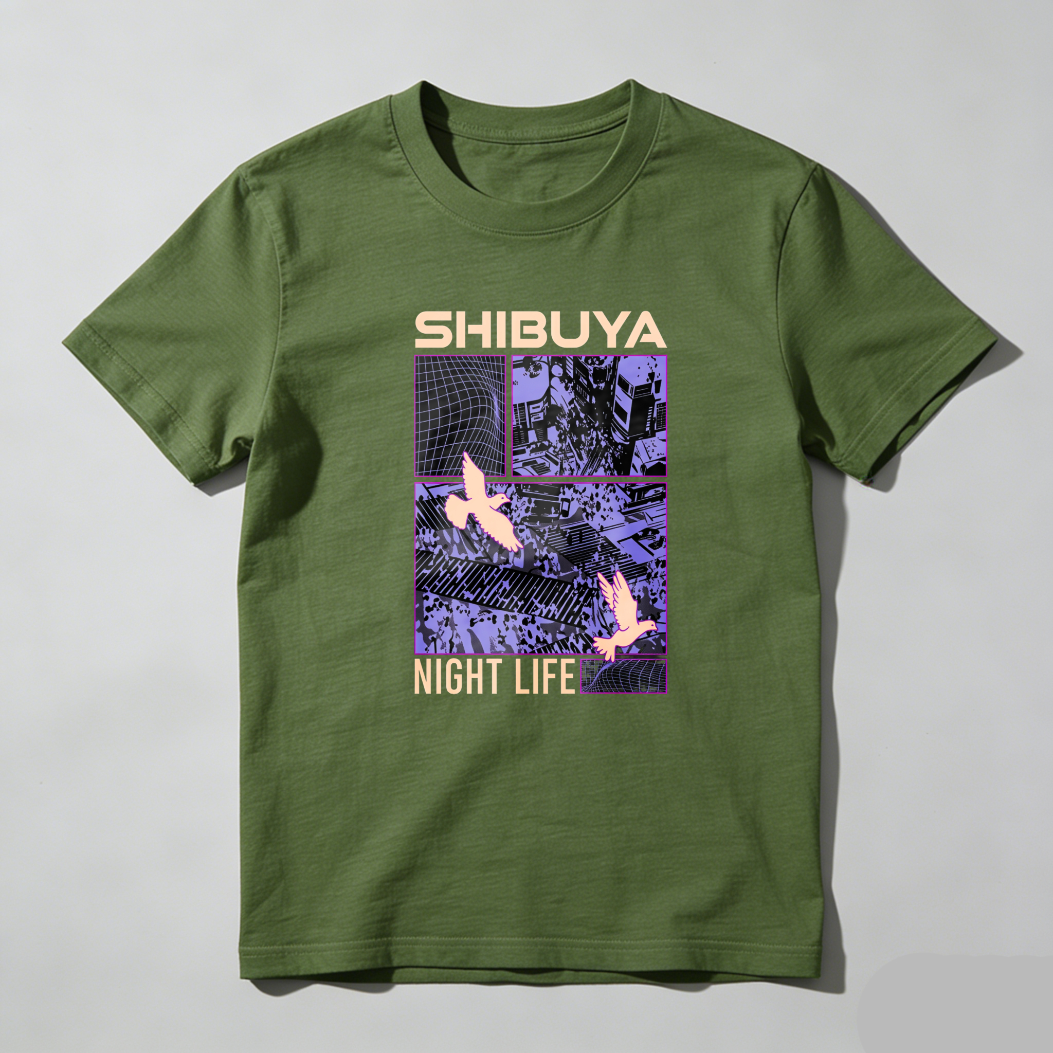 Shibuya Night Life Cityscape Birds Grid tshirt 100% cotton