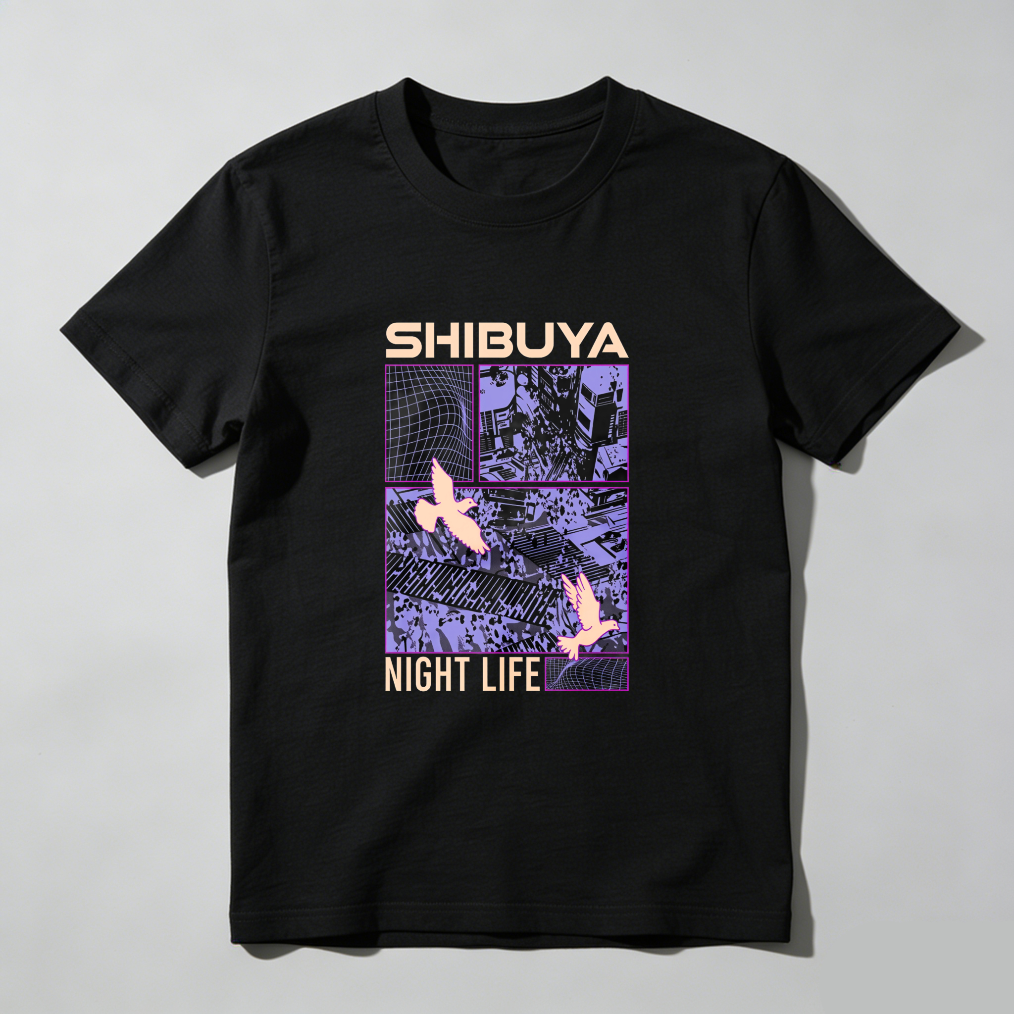 Shibuya Night Life Cityscape Birds Grid tshirt 100% cotton