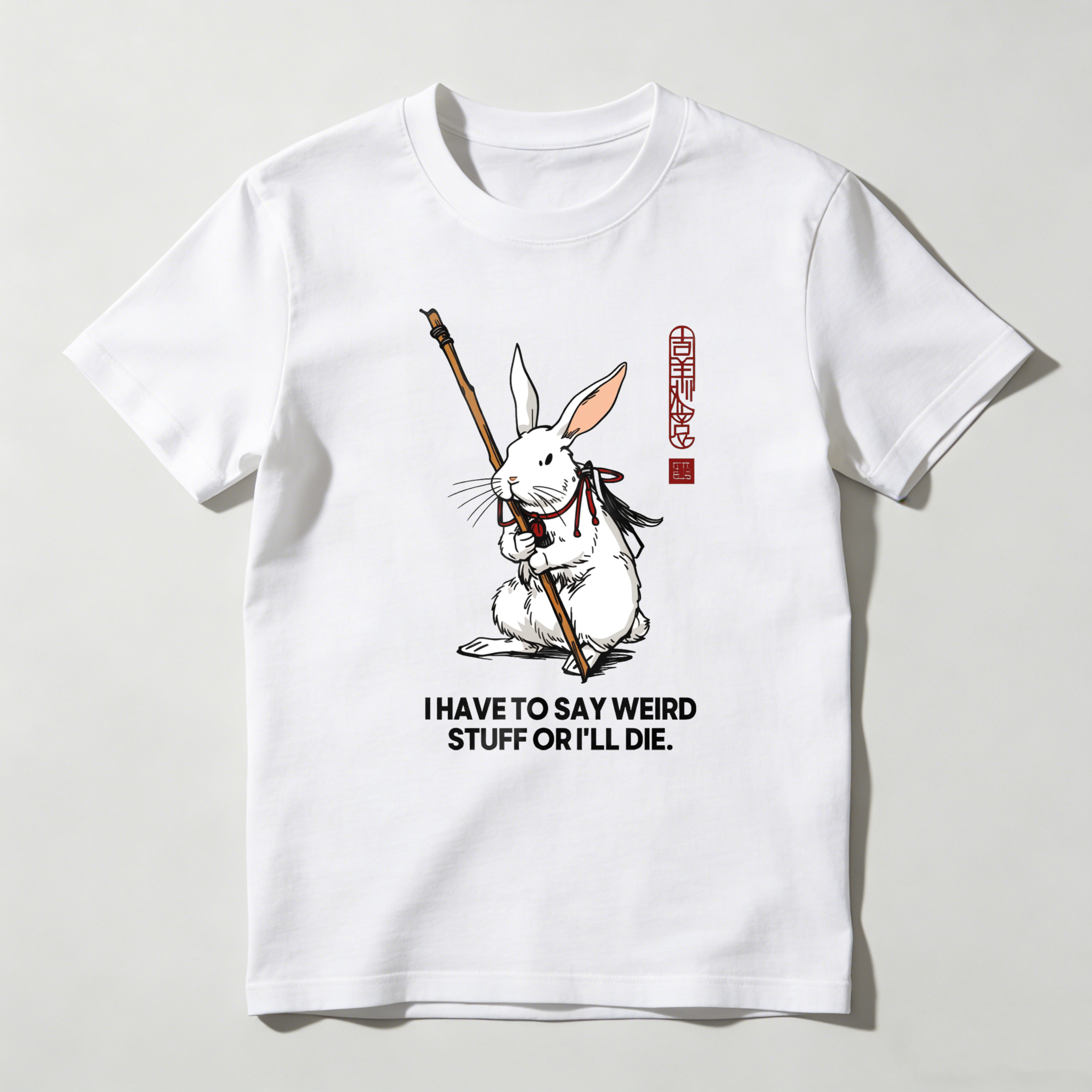 White Rabbit Holding Staff With Text tshirt 100% cotton