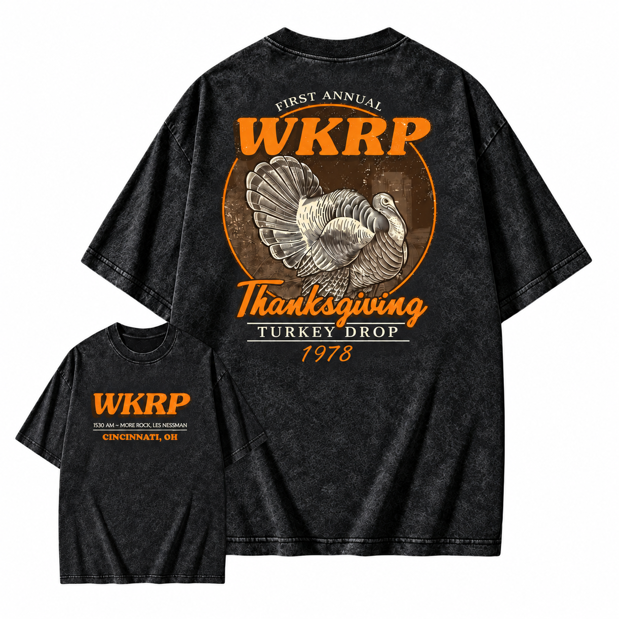 First Annual Turkey Drop Two Sides Washed Shirt Thanksgiving Wkrp Vintage Washed Shirt Graphic Streetwear Washed Shirt
