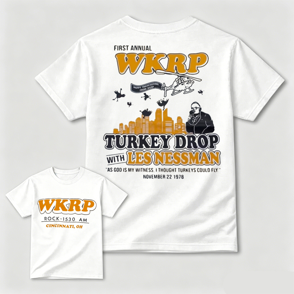 WKRP First Annual Turkey Drop With Les Nessman Thanksgiving Graphic T-Shirt