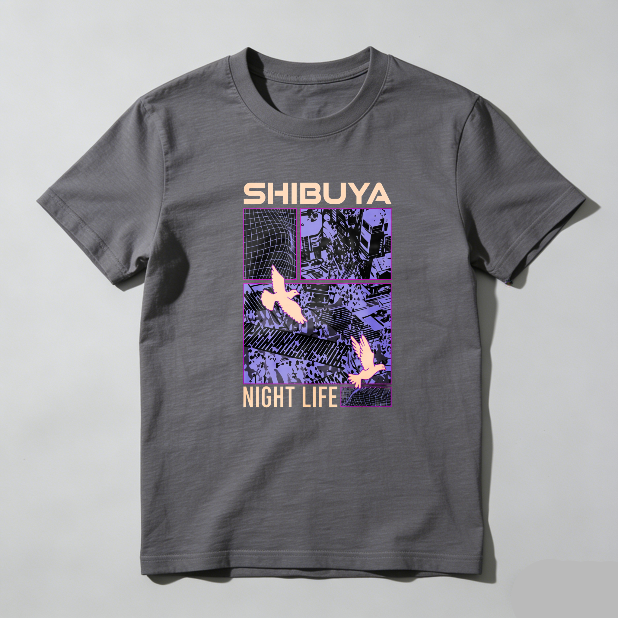 Shibuya Night Life Cityscape Birds Grid tshirt 100% cotton