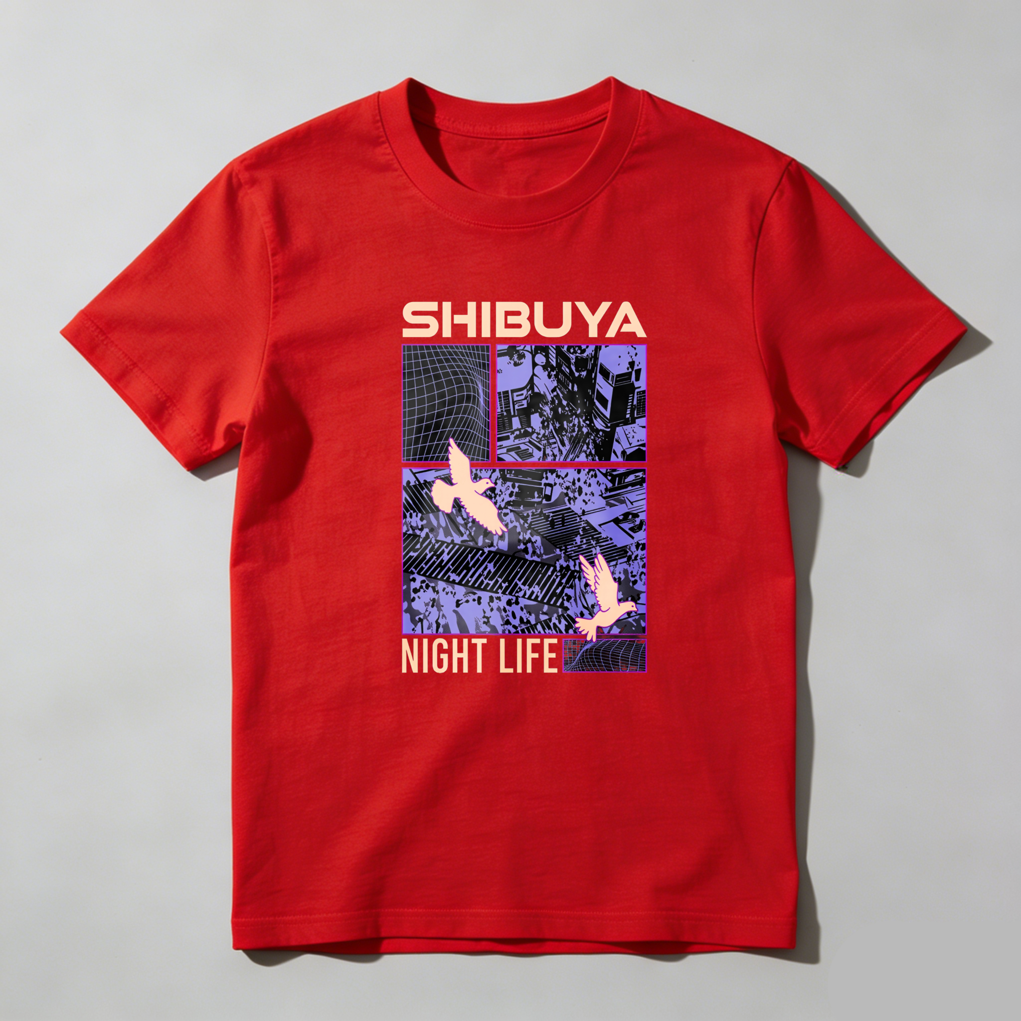 Shibuya Night Life Cityscape Birds Grid tshirt 100% cotton