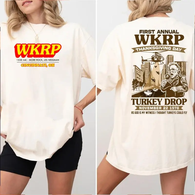 WKRP Theme 1st Annual Thanksgiving Shirt Cotton Graphic Tee - Cincinnati Themed, Basic, Relaxed Cut, Casual Fit, Comfortable, Short Sleeve, Round Neck, , Sports Top