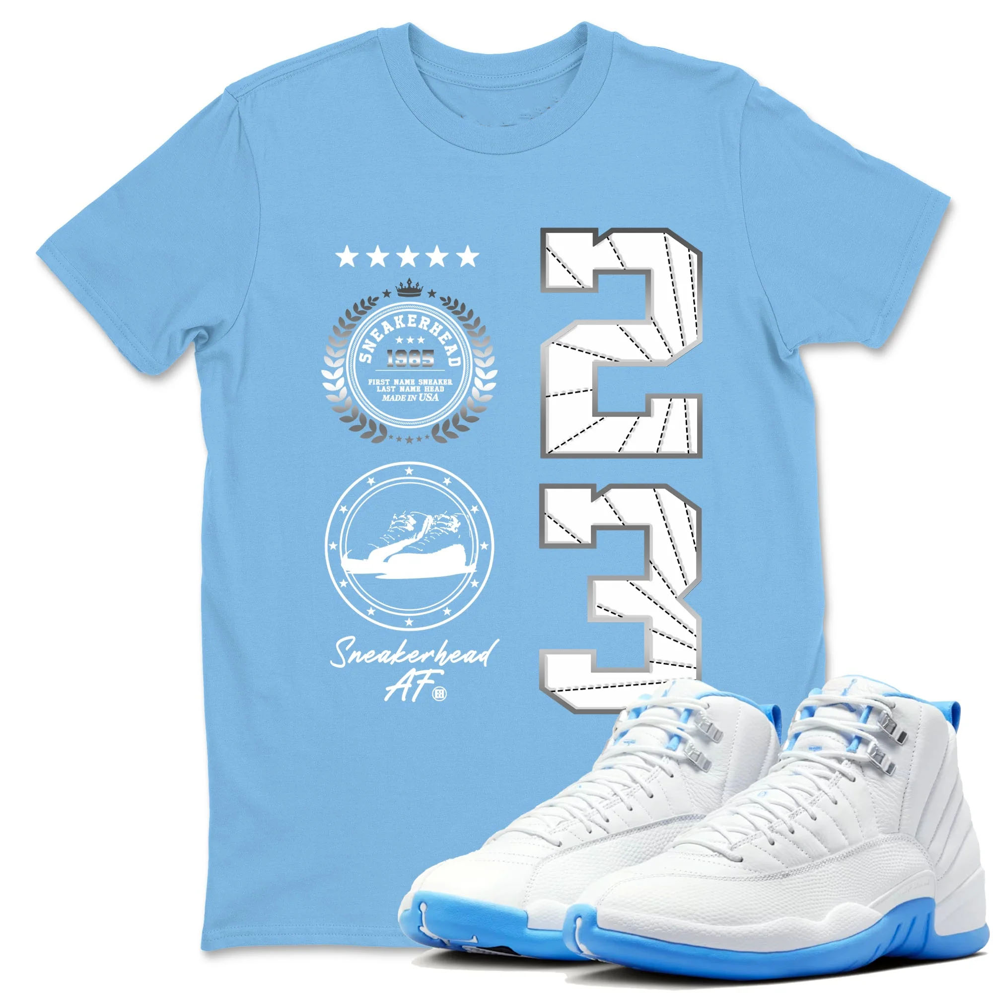 Sneaker Emblem Sneaker Tees - Air Jordan 12 White and University Blue