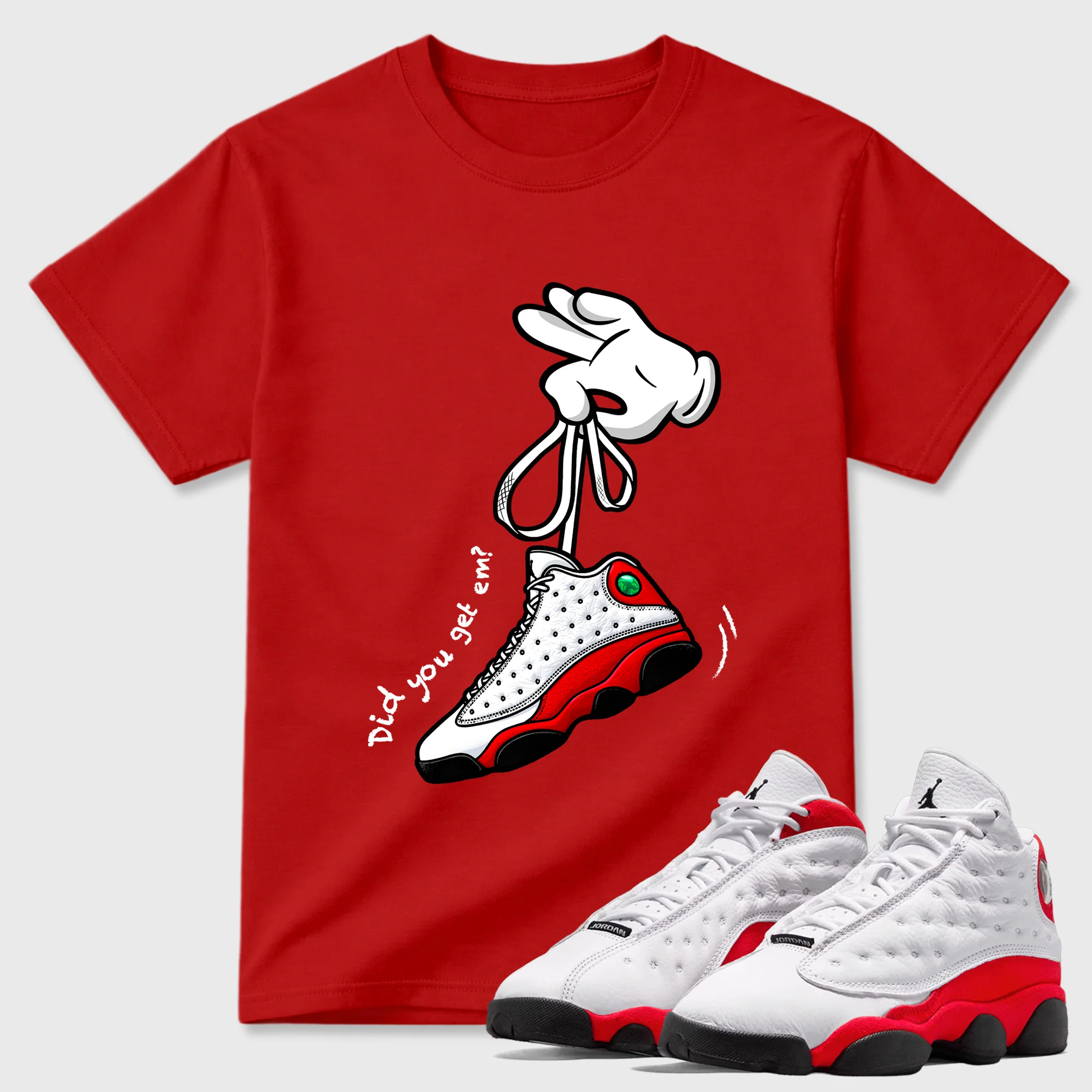 Cartoon Hands Theme Sneaker Tees - Air Jordan 13 University Red