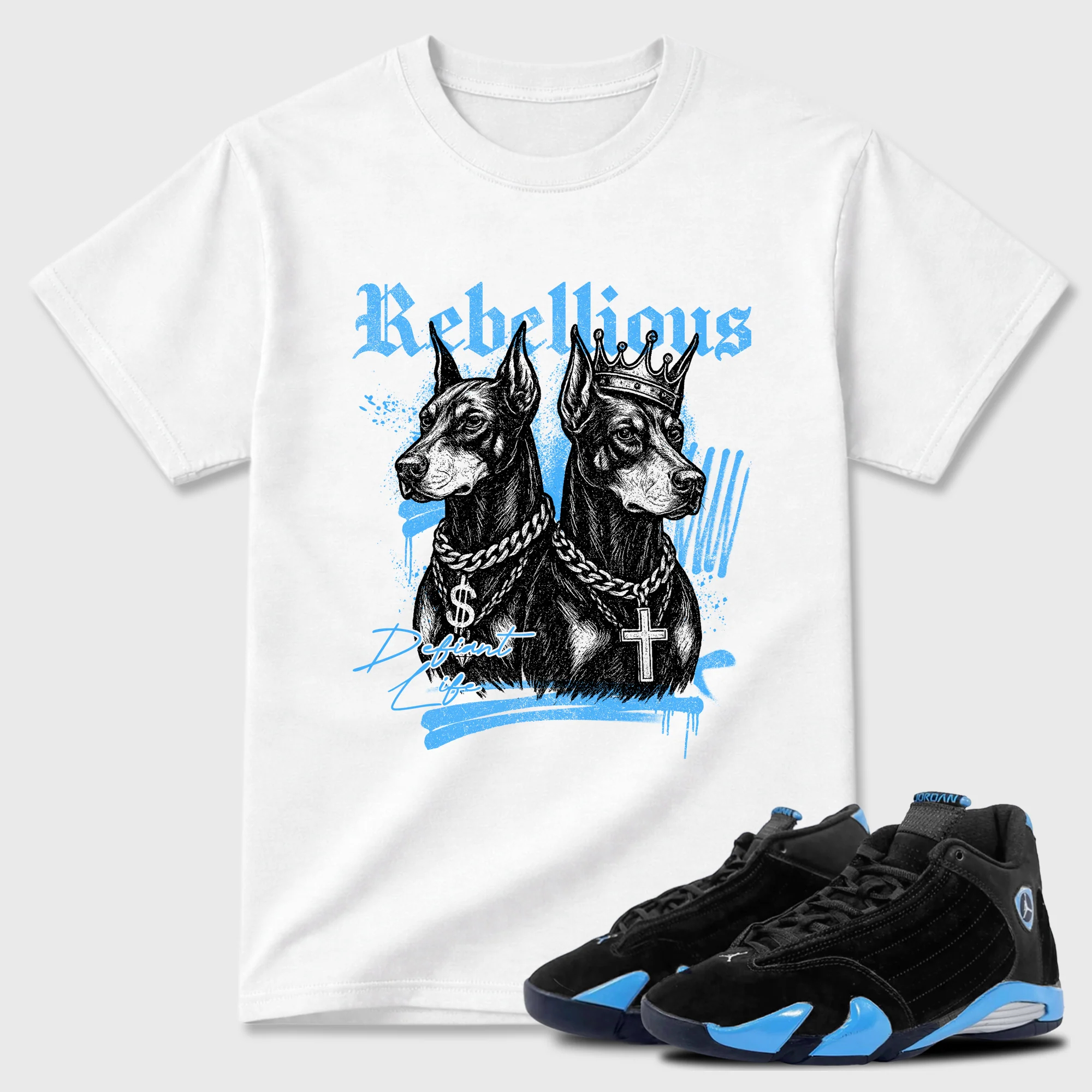 Rebellious Theme Sneaker Tees - Air Jordan 14 University Blue
