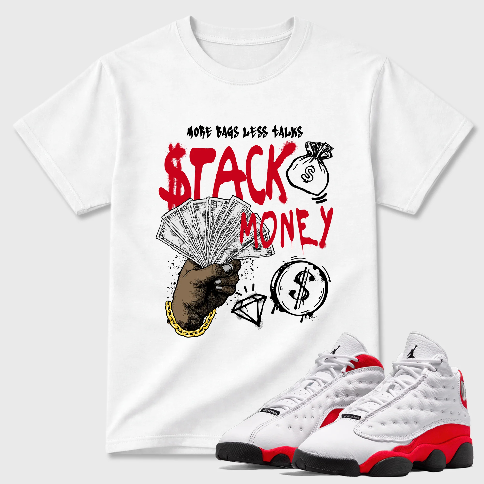 Stack Money Theme Sneaker Tees - Air Jordan 13 University Red