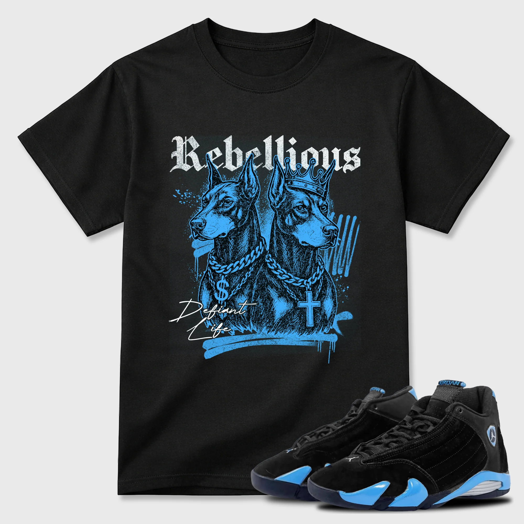 Rebellious Theme Sneaker Tees - Air Jordan 14 University Blue