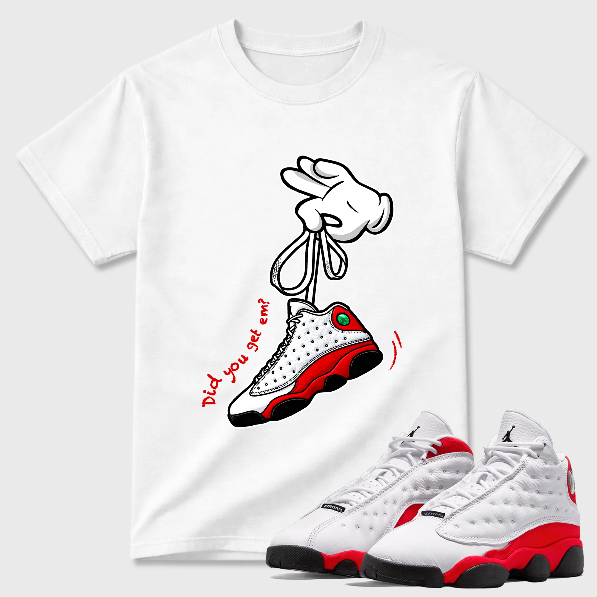 Cartoon Hands Theme Sneaker Tees - Air Jordan 13 University Red