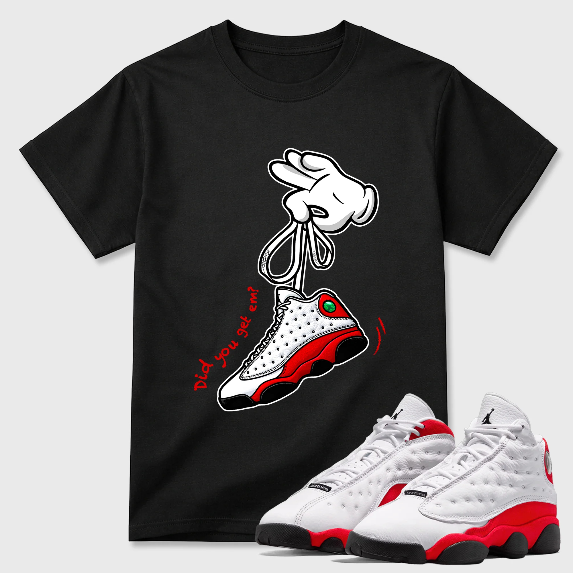 Cartoon Hands Theme Sneaker Tees - Air Jordan 13 University Red