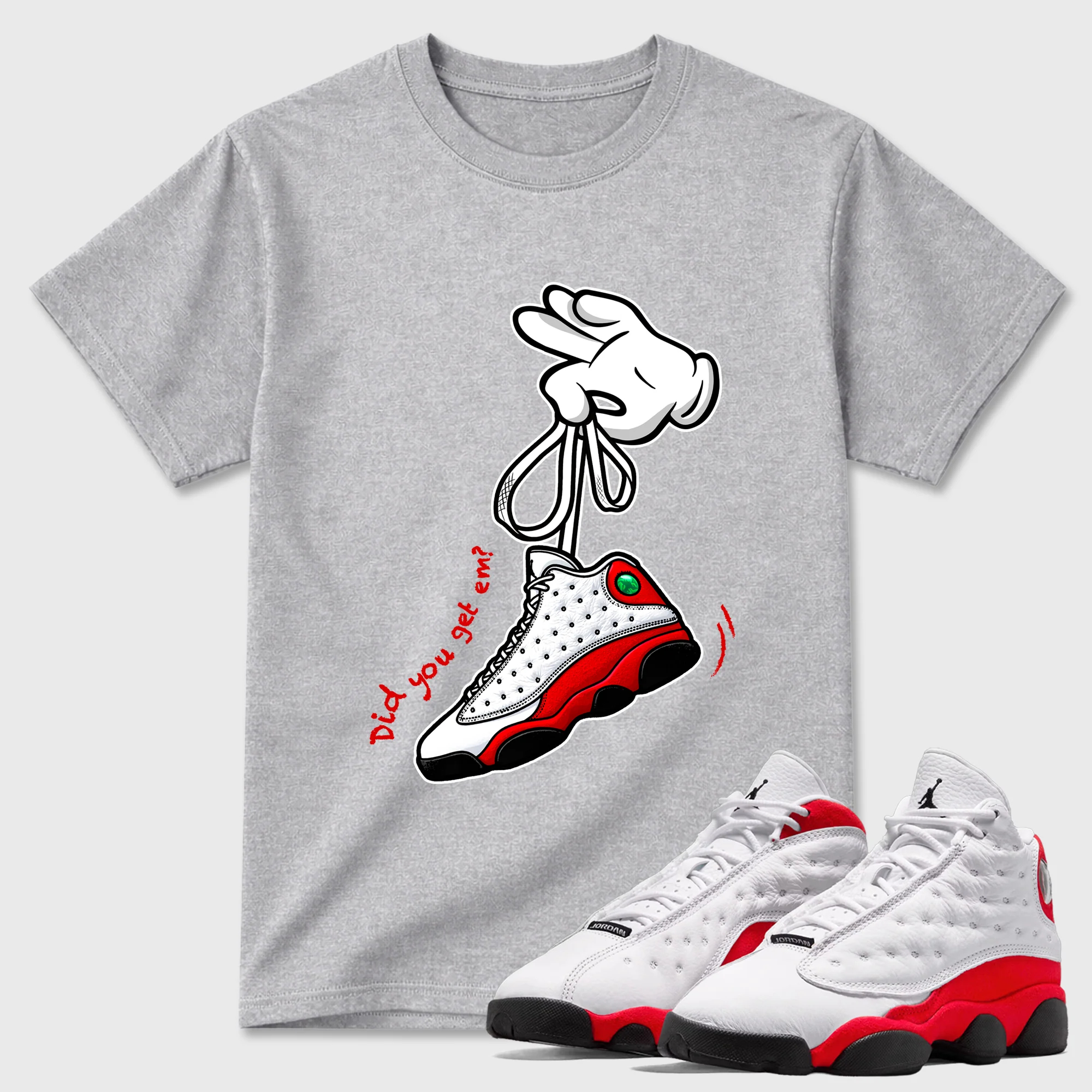 Cartoon Hands Theme Sneaker Tees - Air Jordan 13 University Red