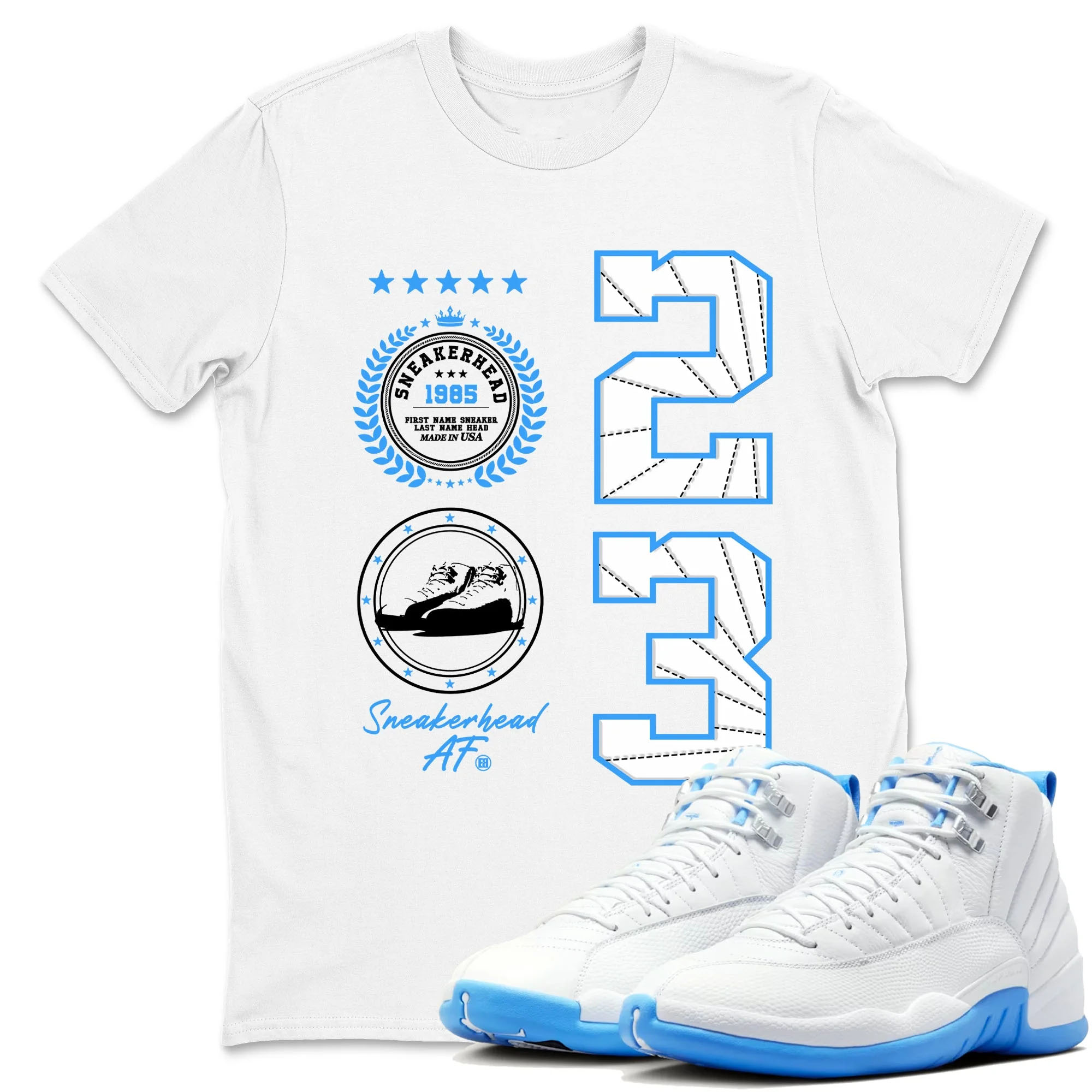 Sneaker Emblem Sneaker Tees - Air Jordan 12 White and University Blue