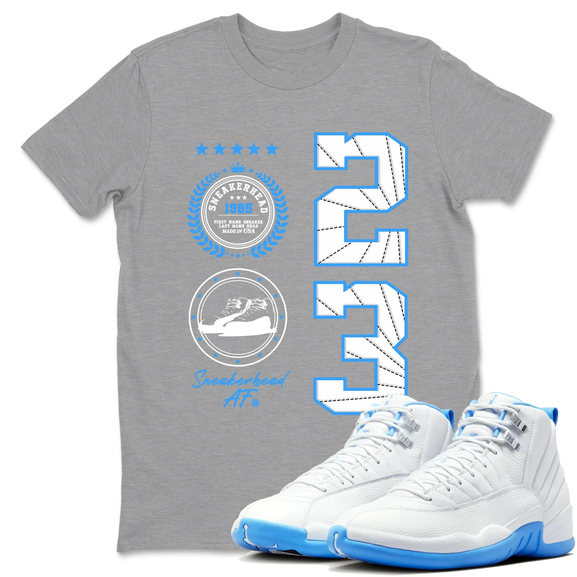Sneaker Emblem Sneaker Tees - Air Jordan 12 White and University Blue