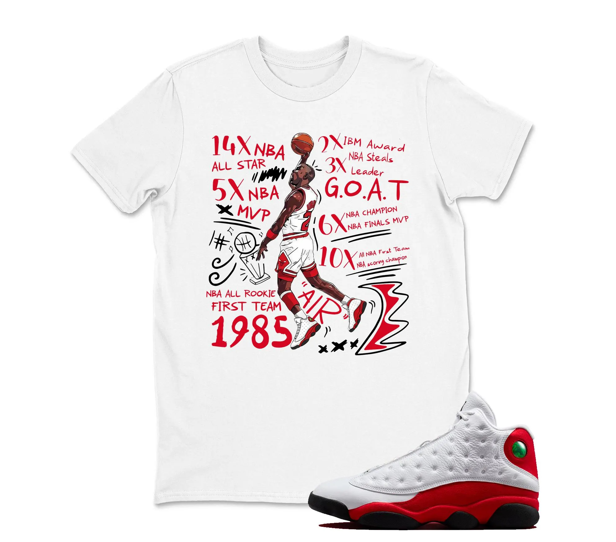 TeeAJX T-Shirt Matching Jordan 13 OG Chicago Red/White Sneaker Tee