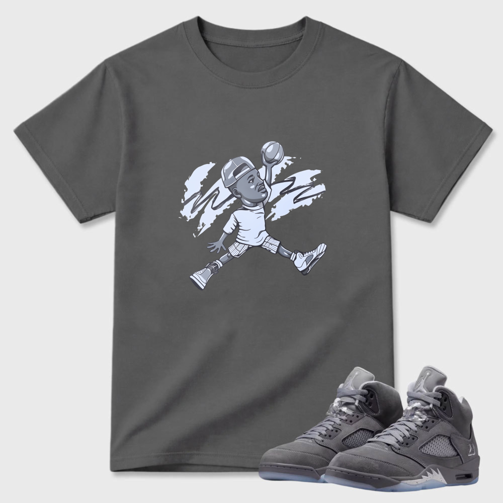 Basketball Player In Motion Pose Sneaker T Shirt Matching Air Jordan 5 Wolf Grey