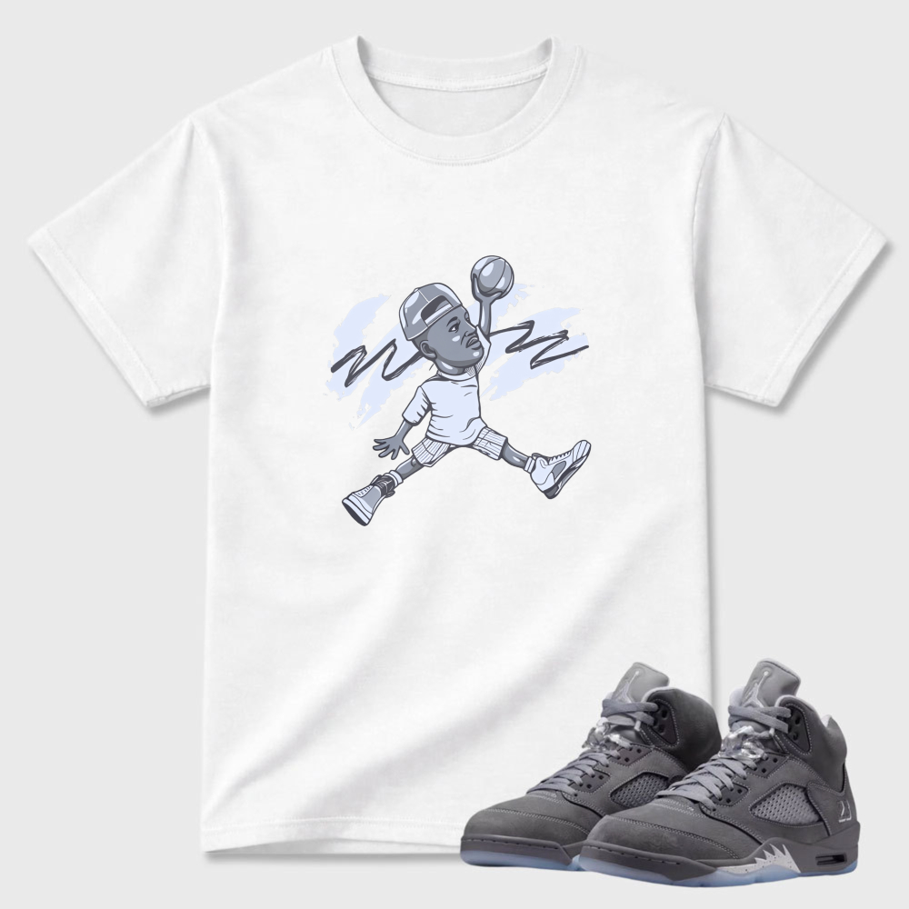 Basketball Player In Motion Pose Sneaker T Shirt Matching Air Jordan 5 Wolf Grey