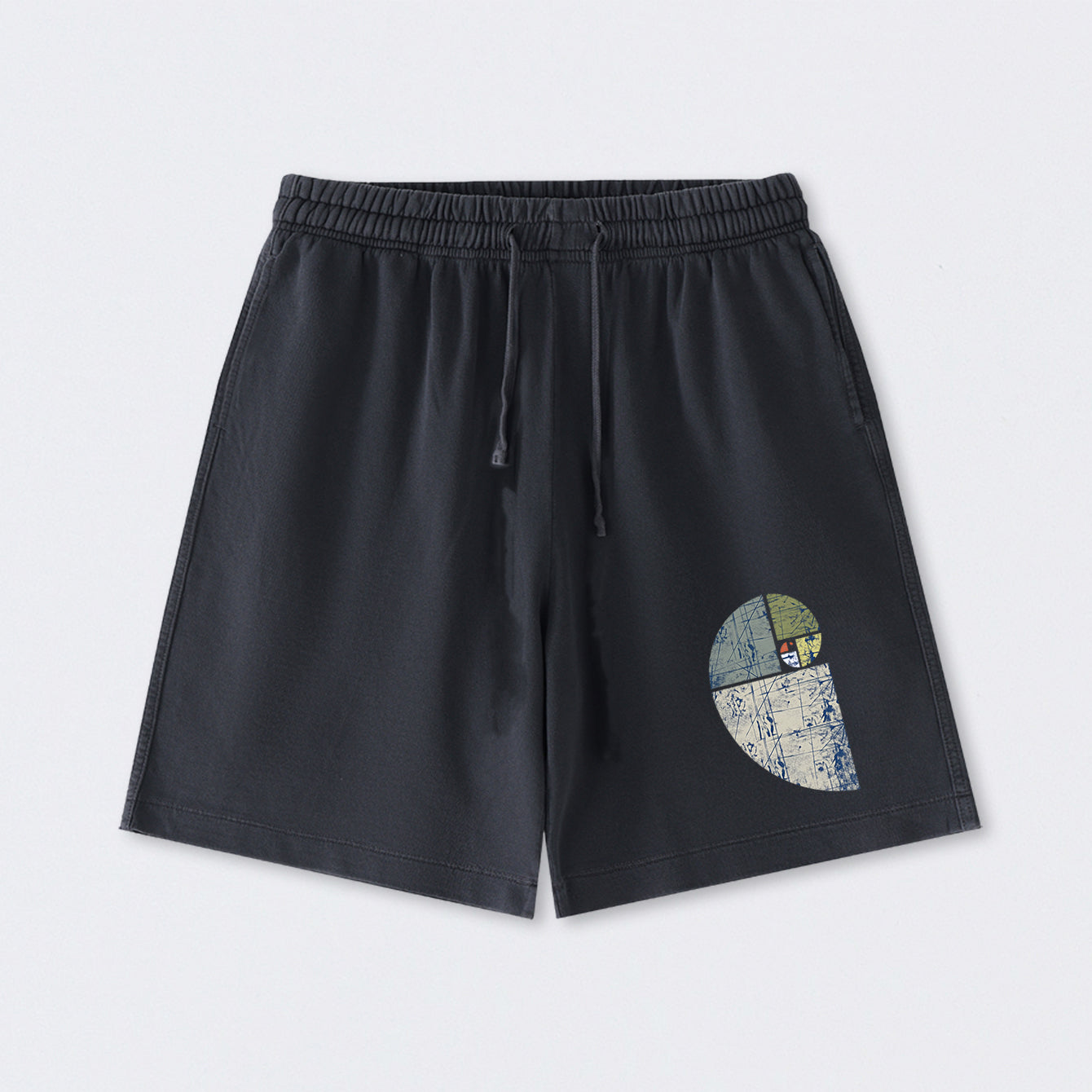 Distressed Fibonacci Spiral Graphic Washed Shorts