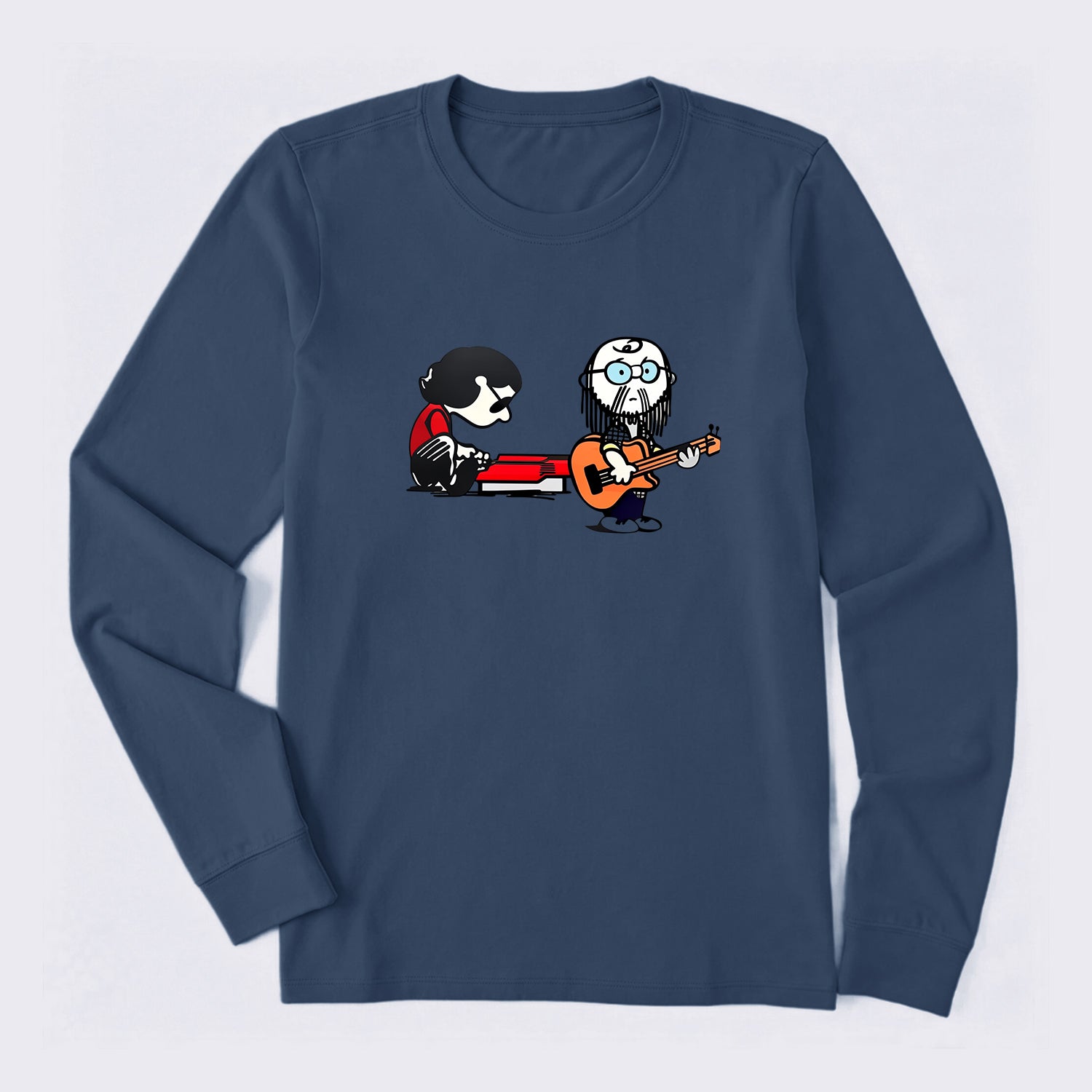 Cartoon Musicians Playing Guitar And Keyboard Graphic Long Sleeve T-Shirt