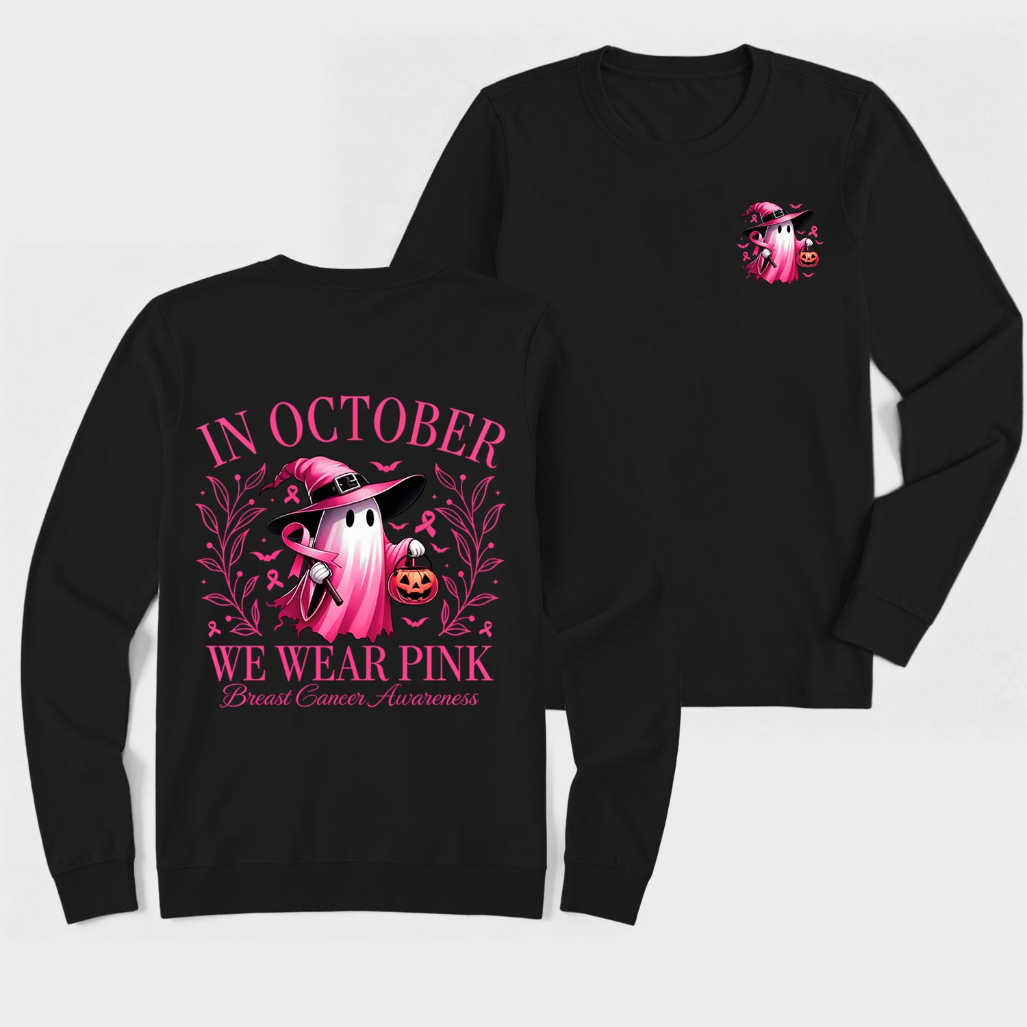 In October We Wear Pink Ghost Halloween Breast Cancer Awareness Long Sleeve T-Shirt