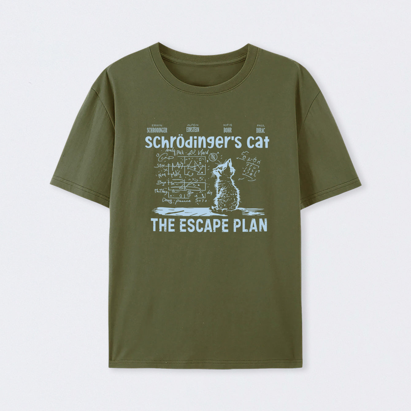 Army Green Schr?dinger's Cat Escape Plan Interesting Physics Science T-Shirt