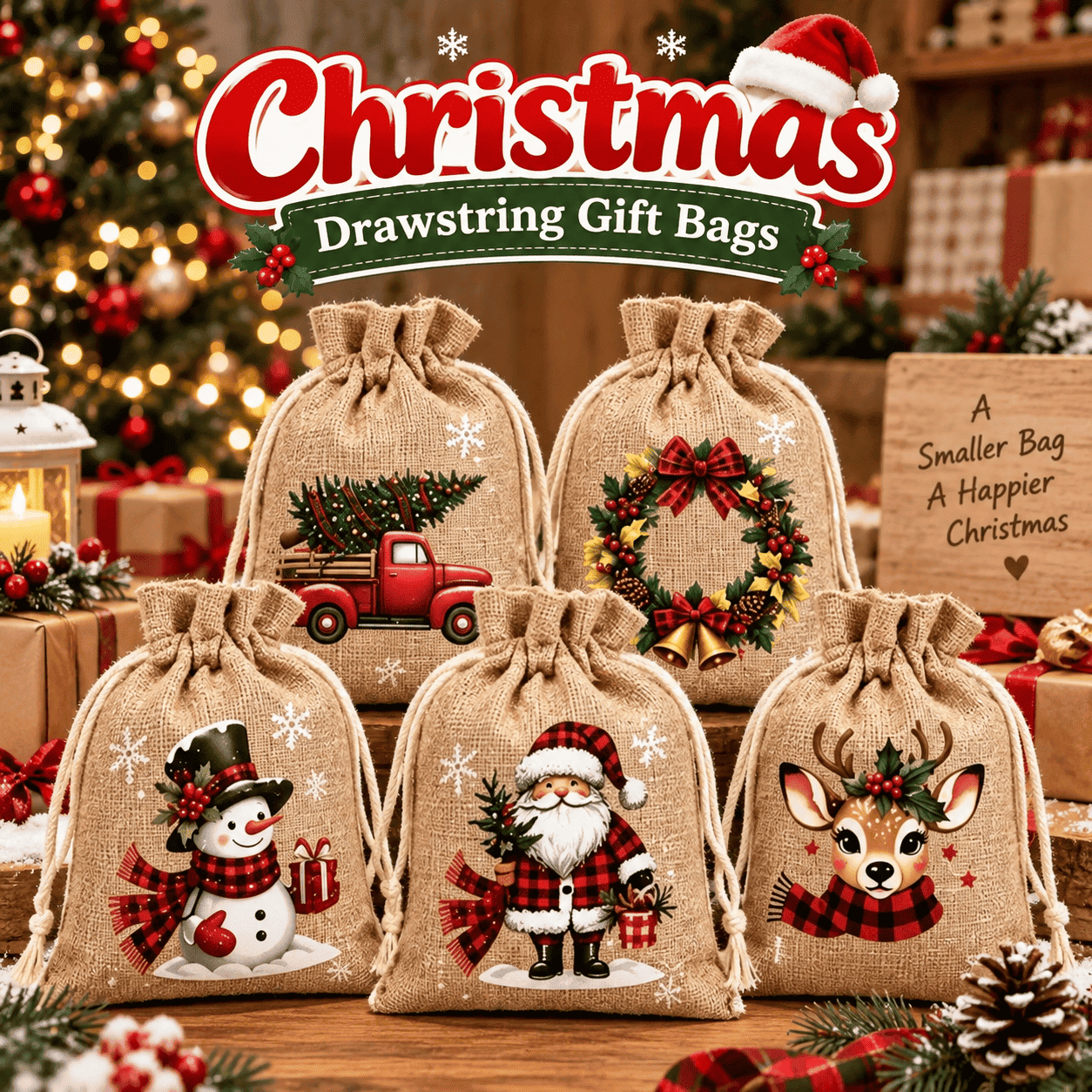 🎄 Christmas Drawstring Gift Bags – Festive Santa & Reindeer Prints, Double Drawstring Closure & Durable Fabric