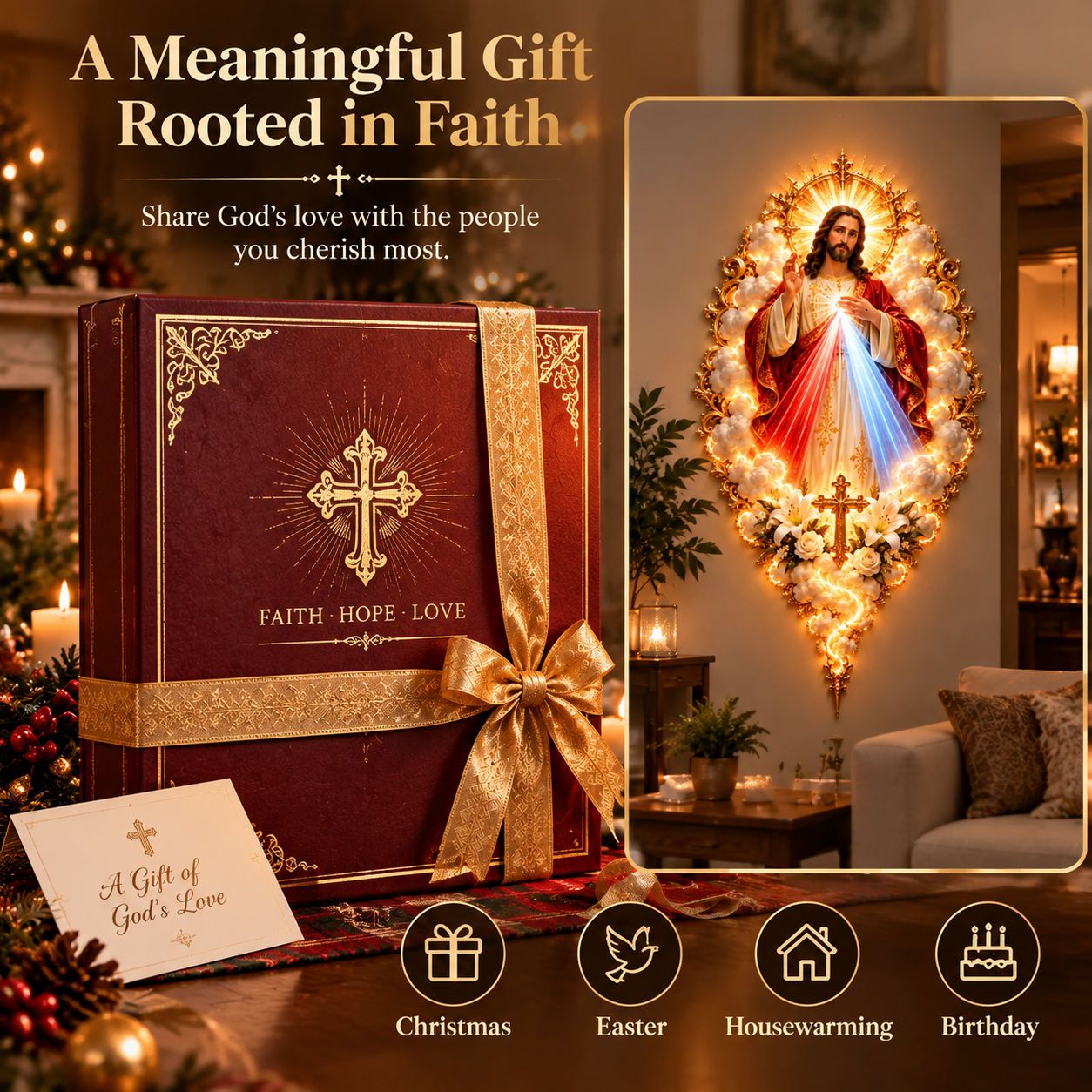 Divine Mercy Jesus Radiant Wall Art – Heavenly Religious Wall Decor with Golden Accents