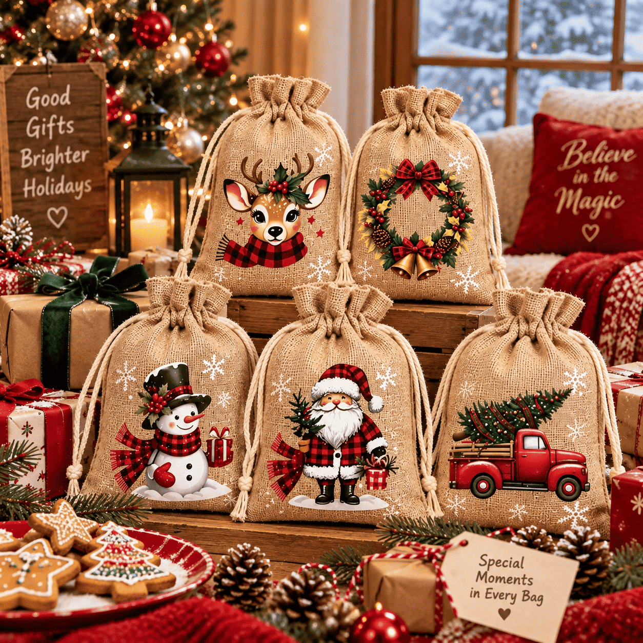 🎄 Christmas Drawstring Gift Bags – Festive Santa & Reindeer Prints, Double Drawstring Closure & Durable Fabric
