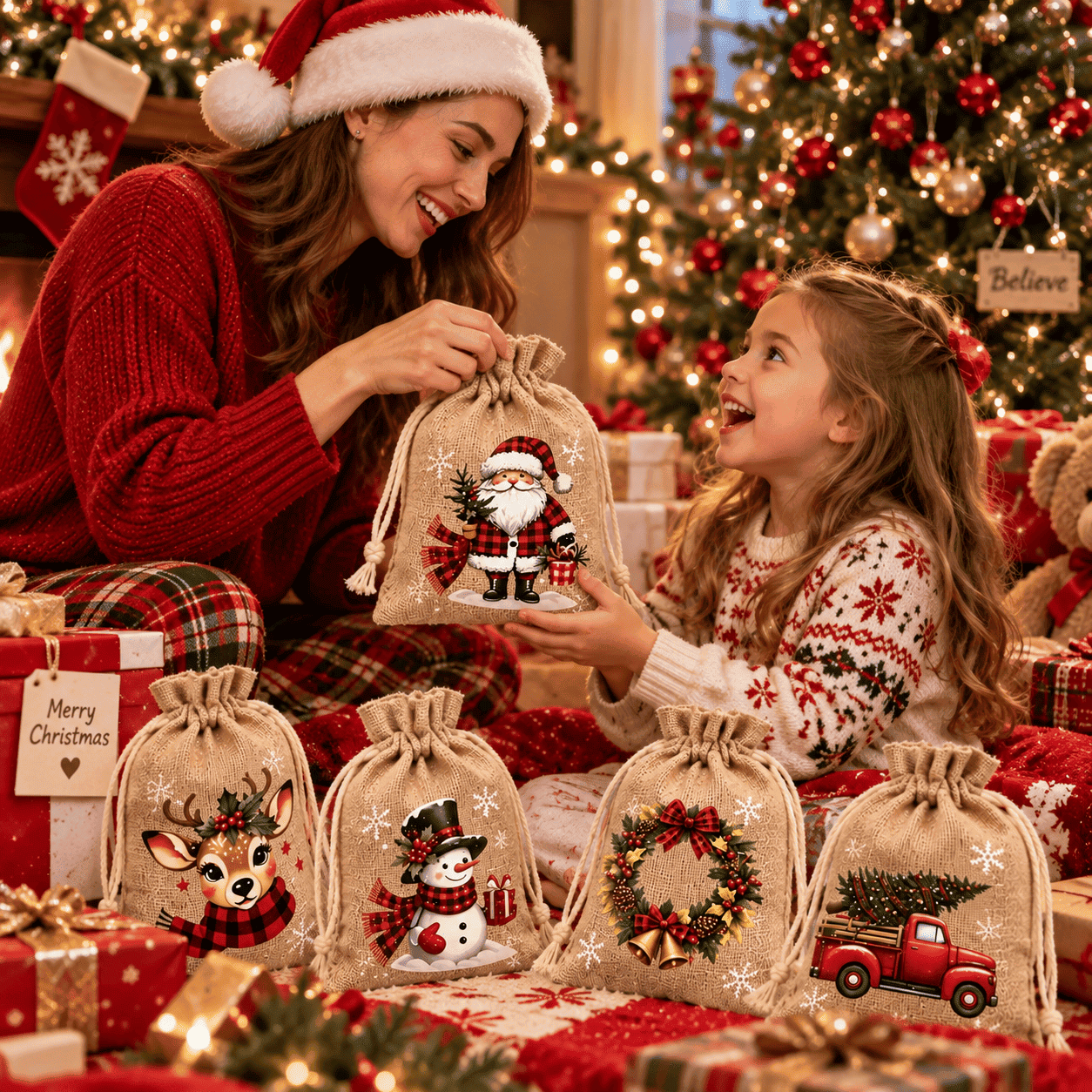 🎄 Christmas Drawstring Gift Bags – Festive Santa & Reindeer Prints, Double Drawstring Closure & Durable Fabric