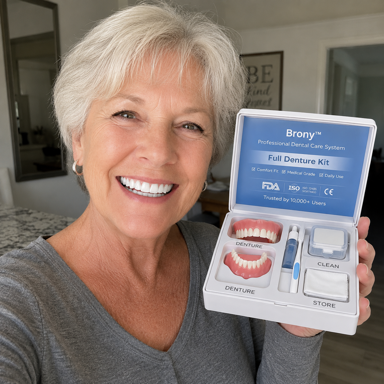 Happy mature woman enjoying a confident smile in warm sunlight at home