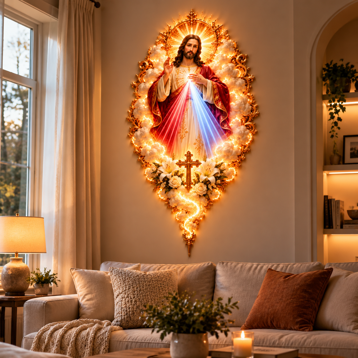 Divine Mercy Jesus Radiant Wall Art – Heavenly Religious Wall Decor with Golden Accents