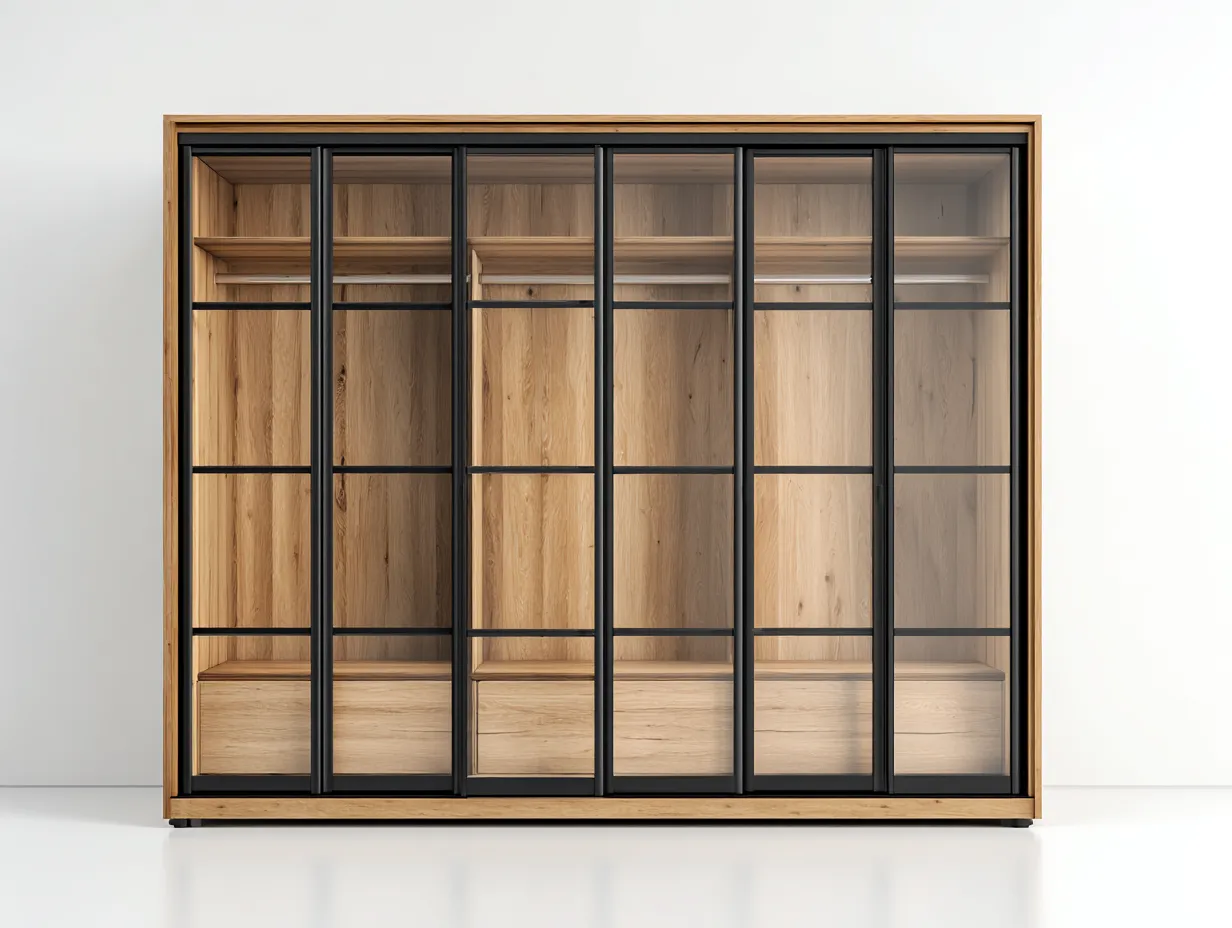 Kleiderschrank-Holz-Glas-Metall-240x65x215 cm-Natur-Schwarz-Industrieller Stil-Loftgoly